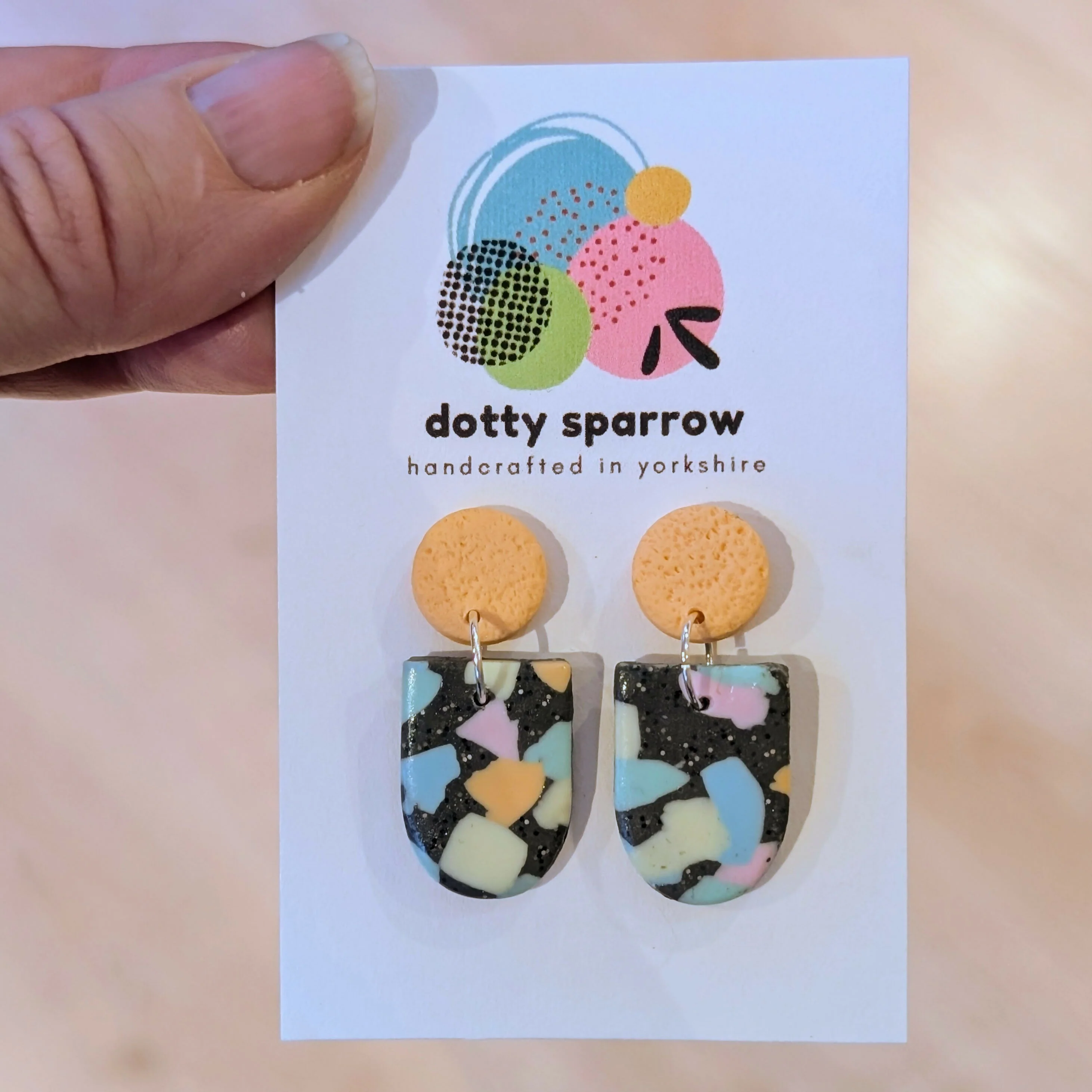 Grey & Pastel Terrazzo Drop Dangle Handmade Polymer Clay Earrings - Image 2