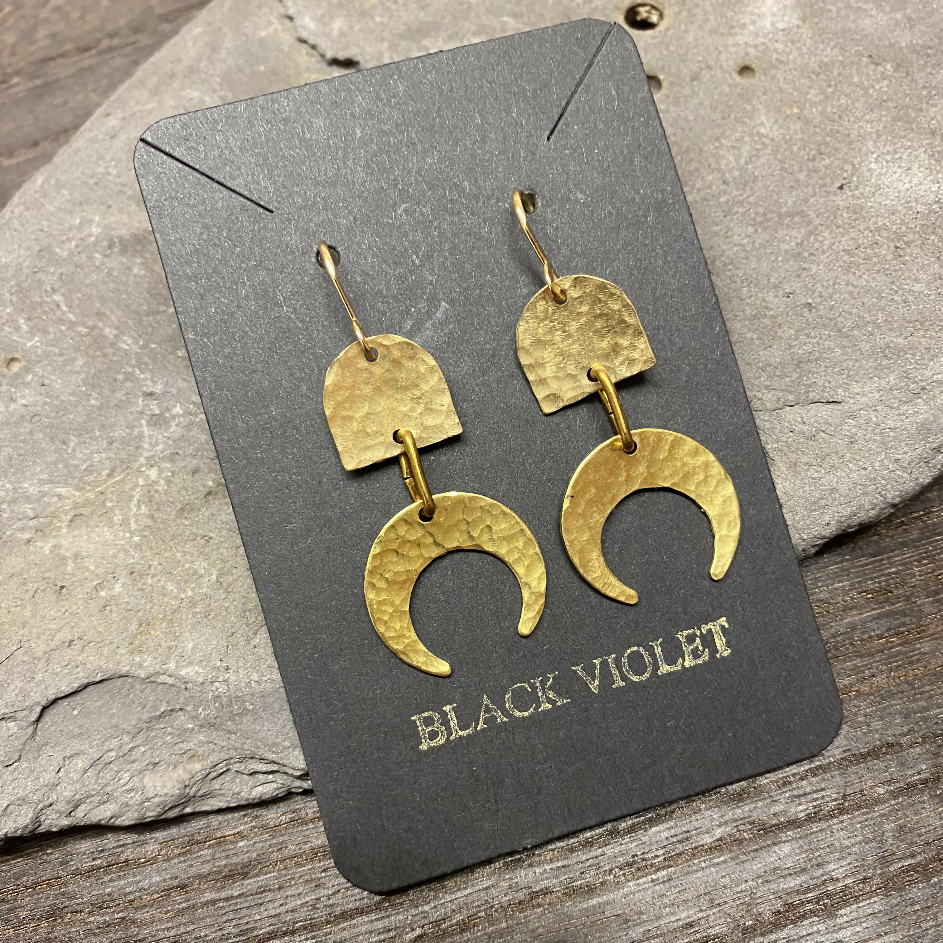 Hammered Brass Tribal Half Moon Earrings