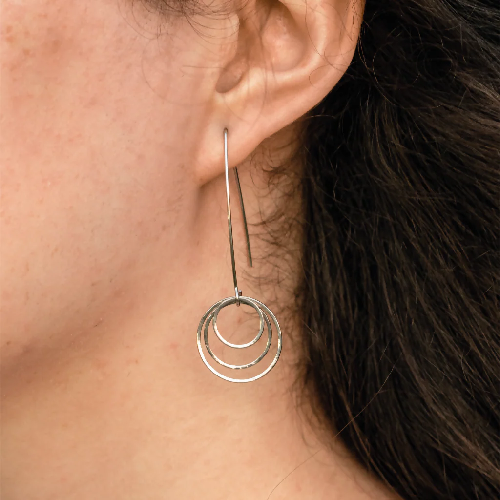 Hammered Triple Circle Stainless Steel Drop Earrings - Image 2