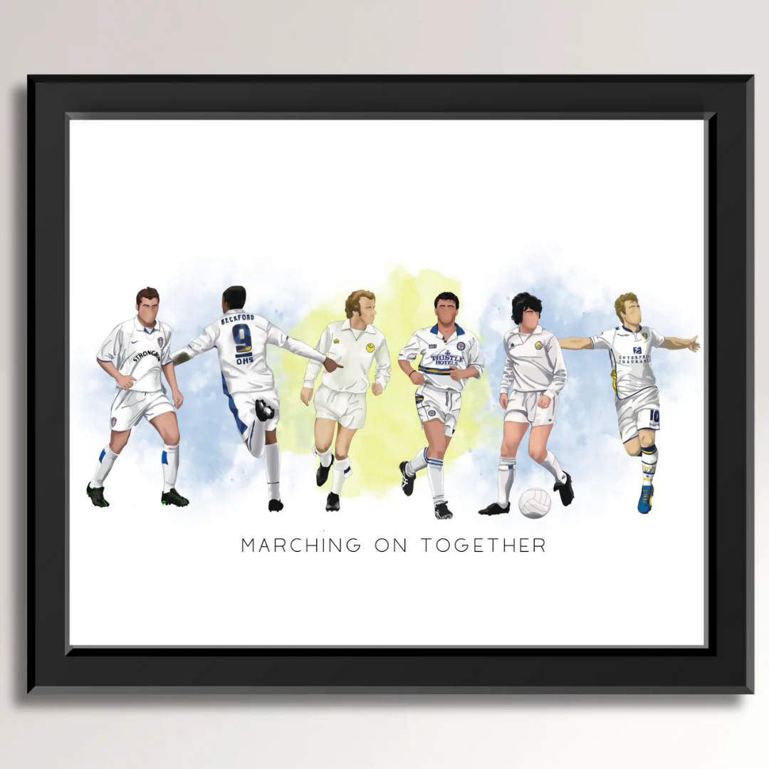 Hand-Drawn Leeds Legends Print – “Marching On Together” (Framed)