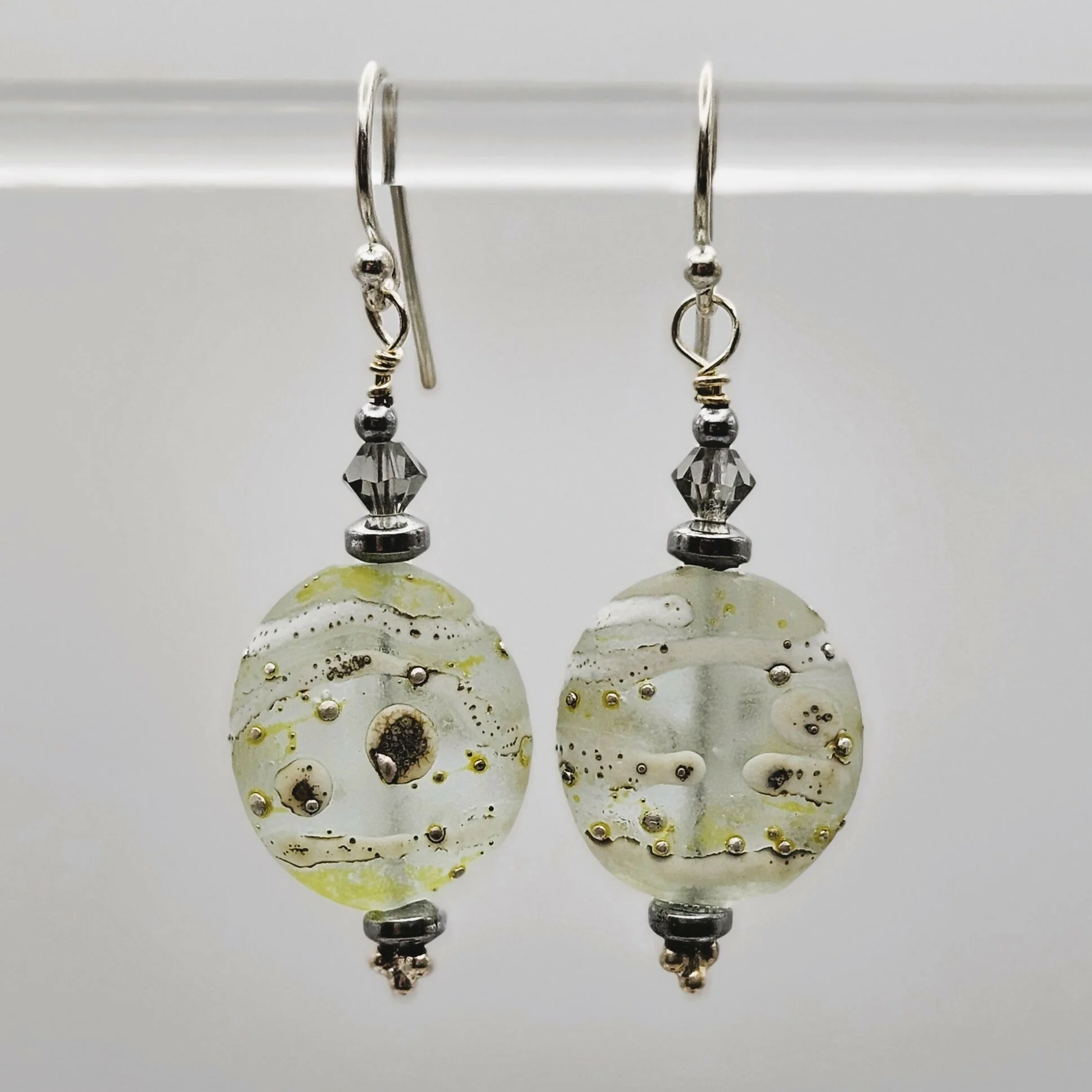 HAND LAMPWORKED ETCHED DROP GLASS EARRINGS, WITH STERLING SILVER EAR WIRES AND SWAROVSKI CRYSTALS. - Image 2