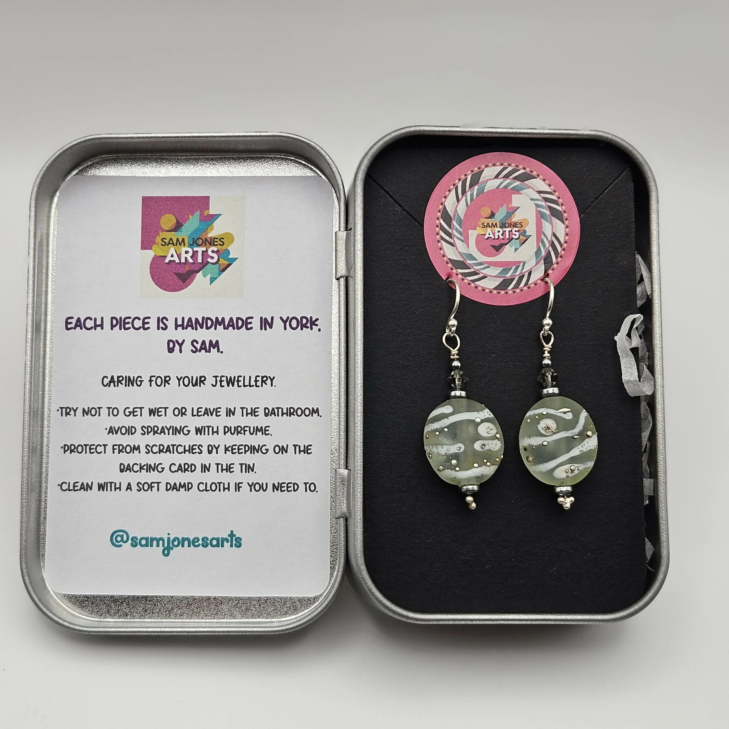 HAND LAMPWORKED ETCHED DROP GLASS EARRINGS, WITH STERLING SILVER EAR WIRES AND SWAROVSKI CRYSTALS. - Image 3