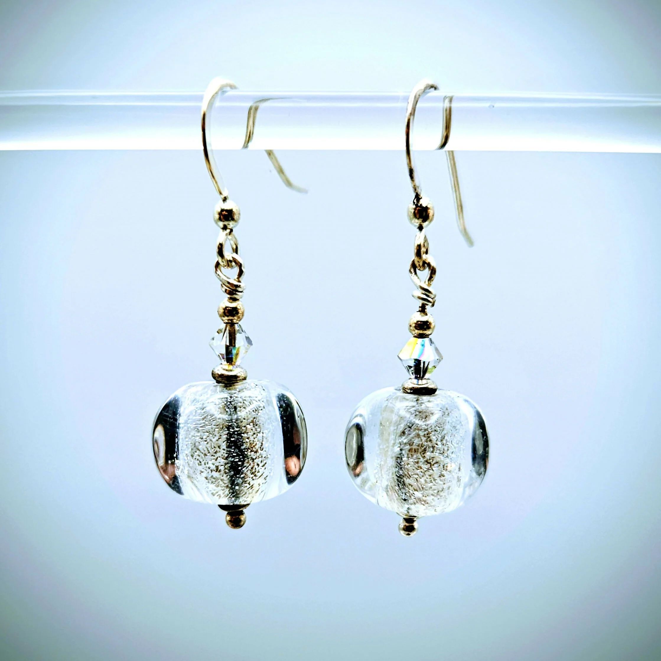 HAND LAMPWORKED GLASS CUBE EARRINGS, WITH DICHROIC SILVER GLASS,STERLING SILVER AND SWAROVSKI CRYSTALS.