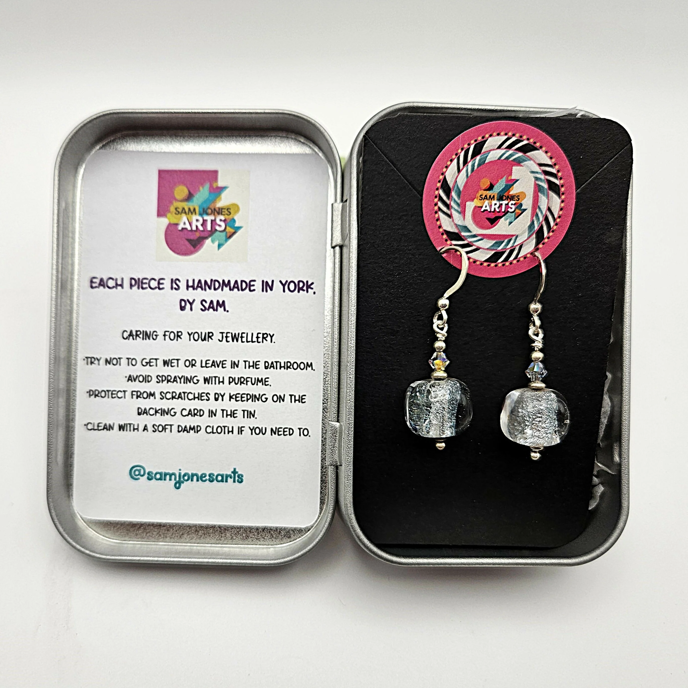HAND LAMPWORKED GLASS CUBE EARRINGS, WITH DICHROIC SILVER GLASS,STERLING SILVER AND SWAROVSKI CRYSTALS. - Image 2