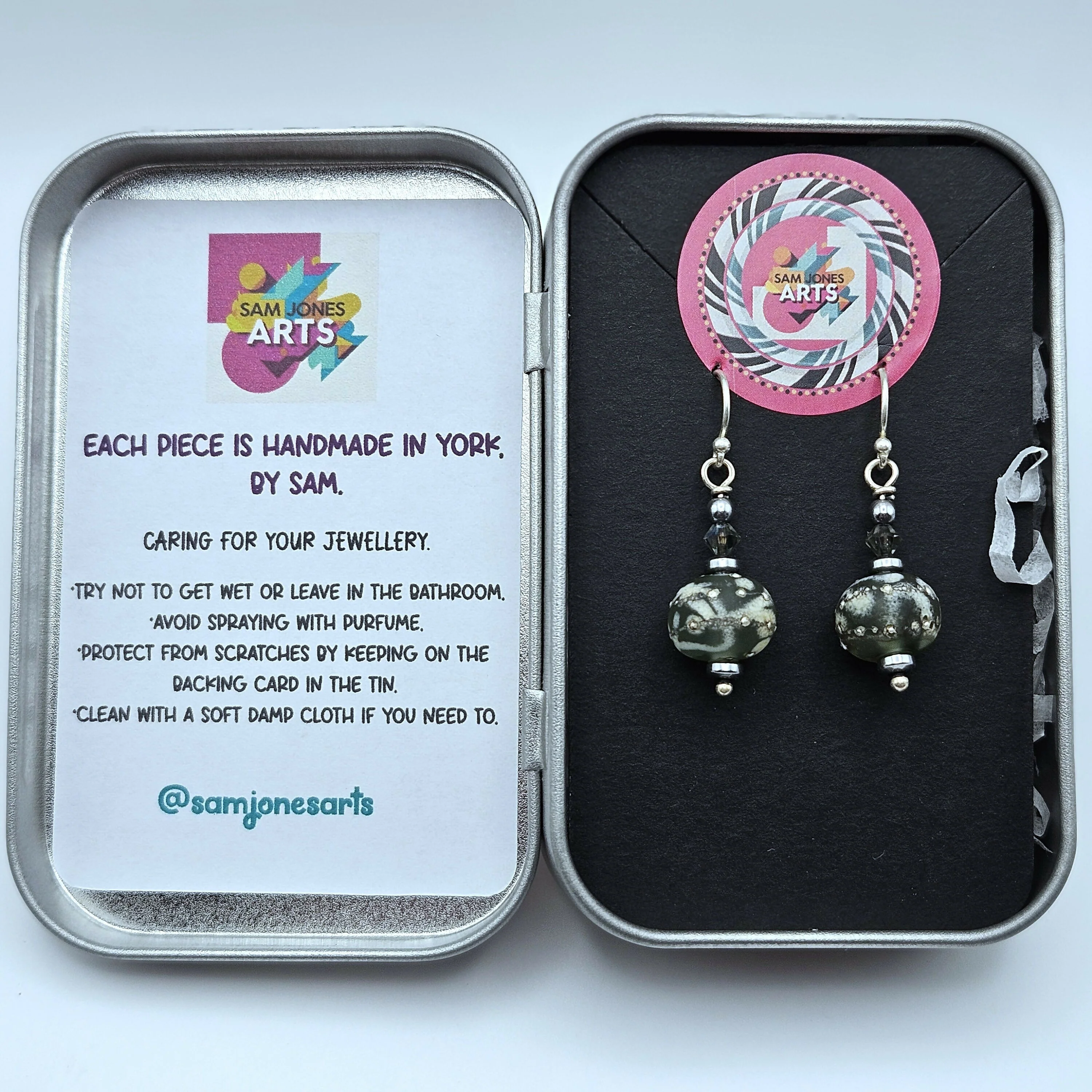 HAND LAMPWORKED GLASS EARRINGS, WITH AN ETCHED FINISH,STERLING SILVER EAR WIRES AND SWAROVSKI CRYSTALS. - Image 2
