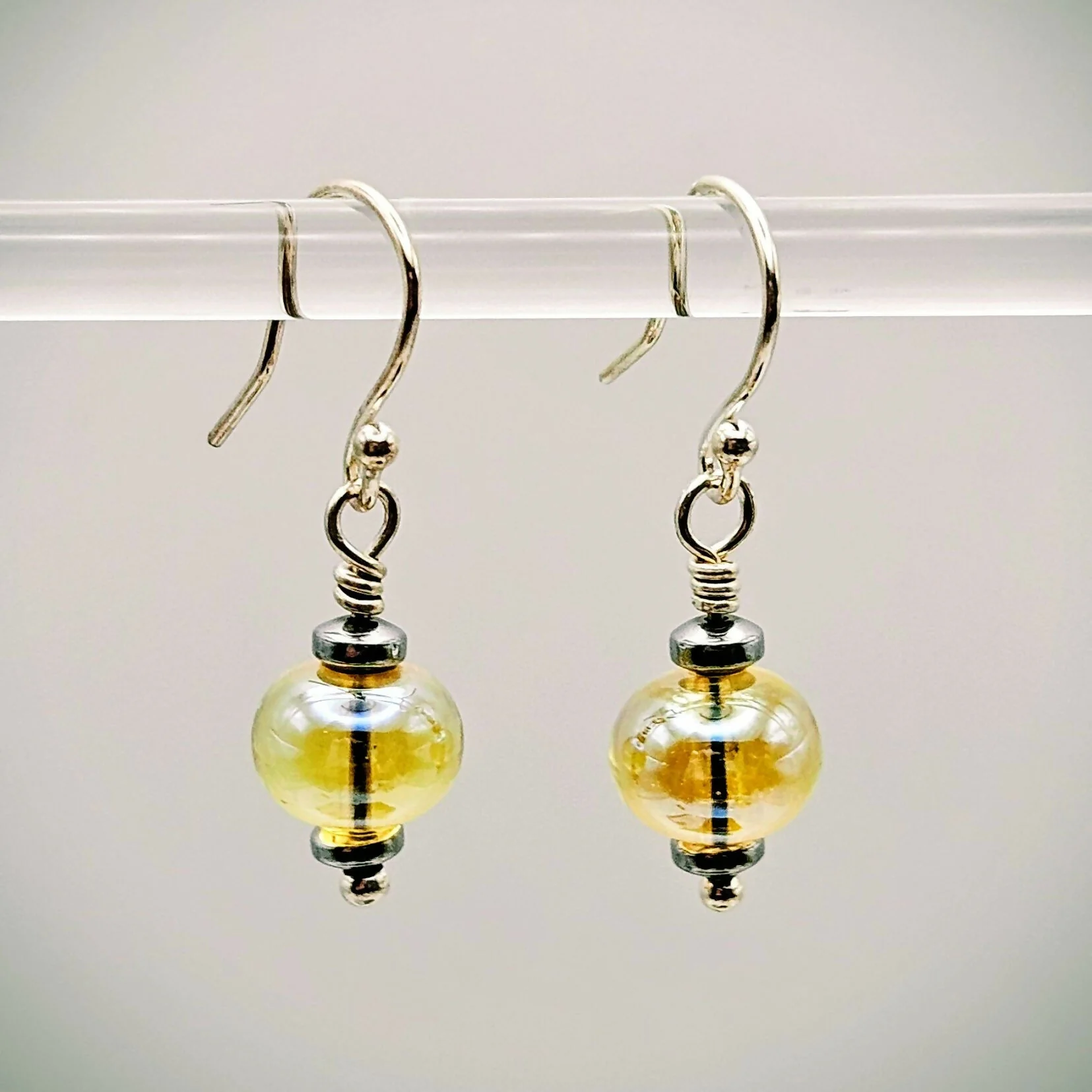HAND LAMPWORKED GLASS EARRINGS, WITH STERLING SILVER EAR WIRES AND HEMATITE ACCENT BEADS