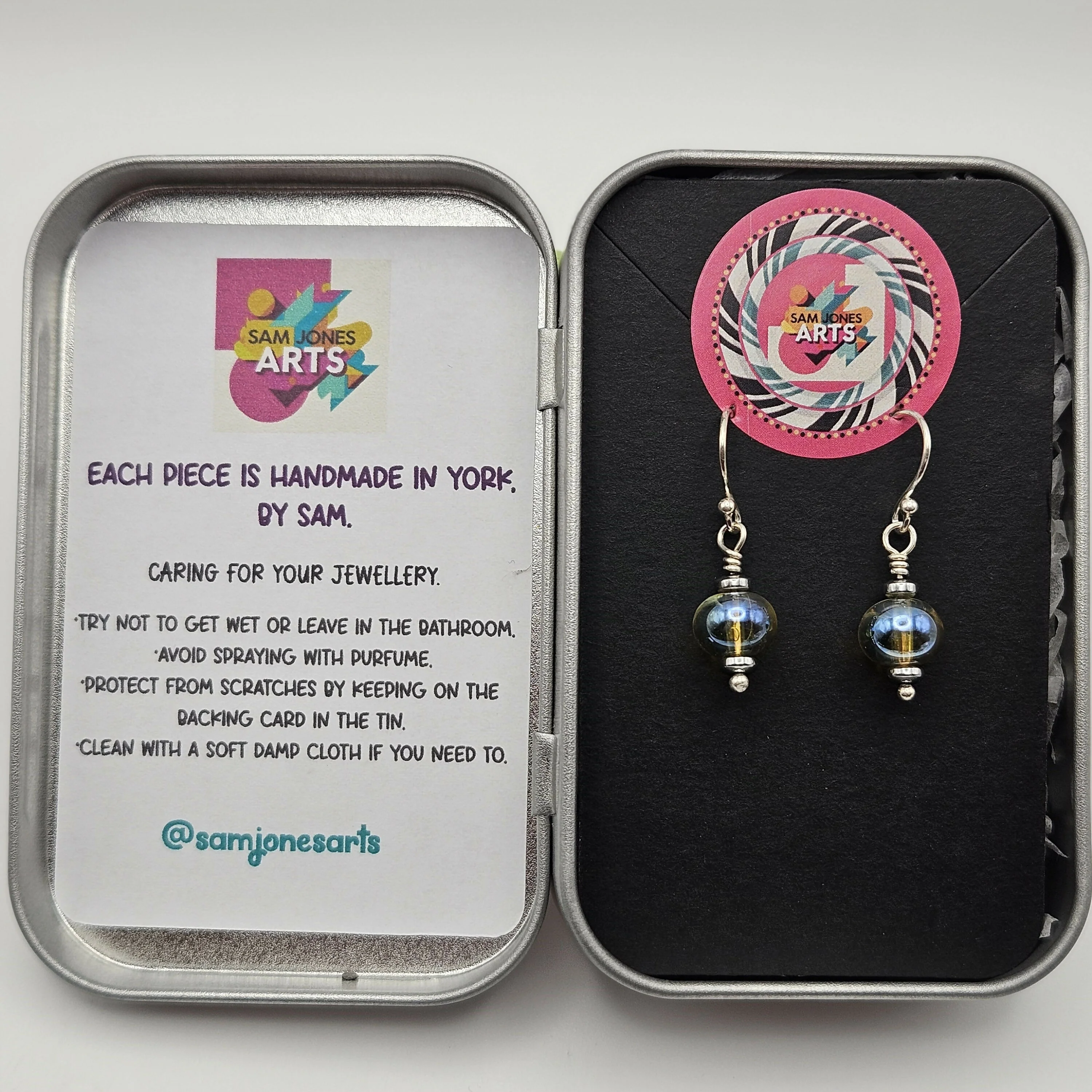 HAND LAMPWORKED GLASS EARRINGS, WITH STERLING SILVER EAR WIRES AND HEMATITE ACCENT BEADS - Image 2
