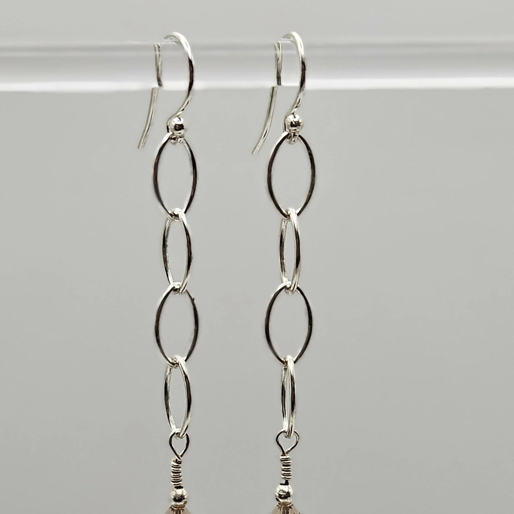 HAND LAMPWORKED GLASS HUMBUG EARRINGS, WITH STERLING SILVER CHAIN , STERLING SILVER EAR WIRES AND SWAROVSKI CRYSTALS. - Image 2