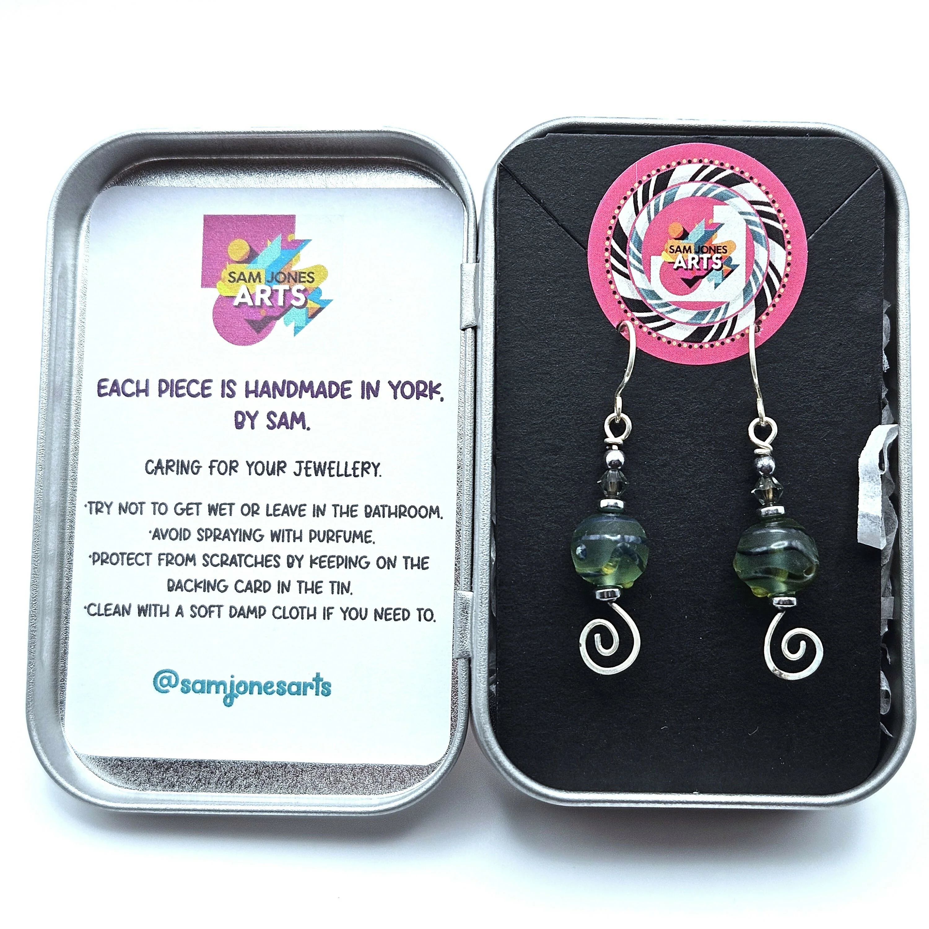 HAND LAMPWORKED GLASS SWIRL EARRINGS, WITH AN ETCHED FINISH, HAND FORMED STERLING SILVER WIRE WORK, STERLING SILVER EAR WIRES AND SWAROVSKI CRYSTALS. - Image 2