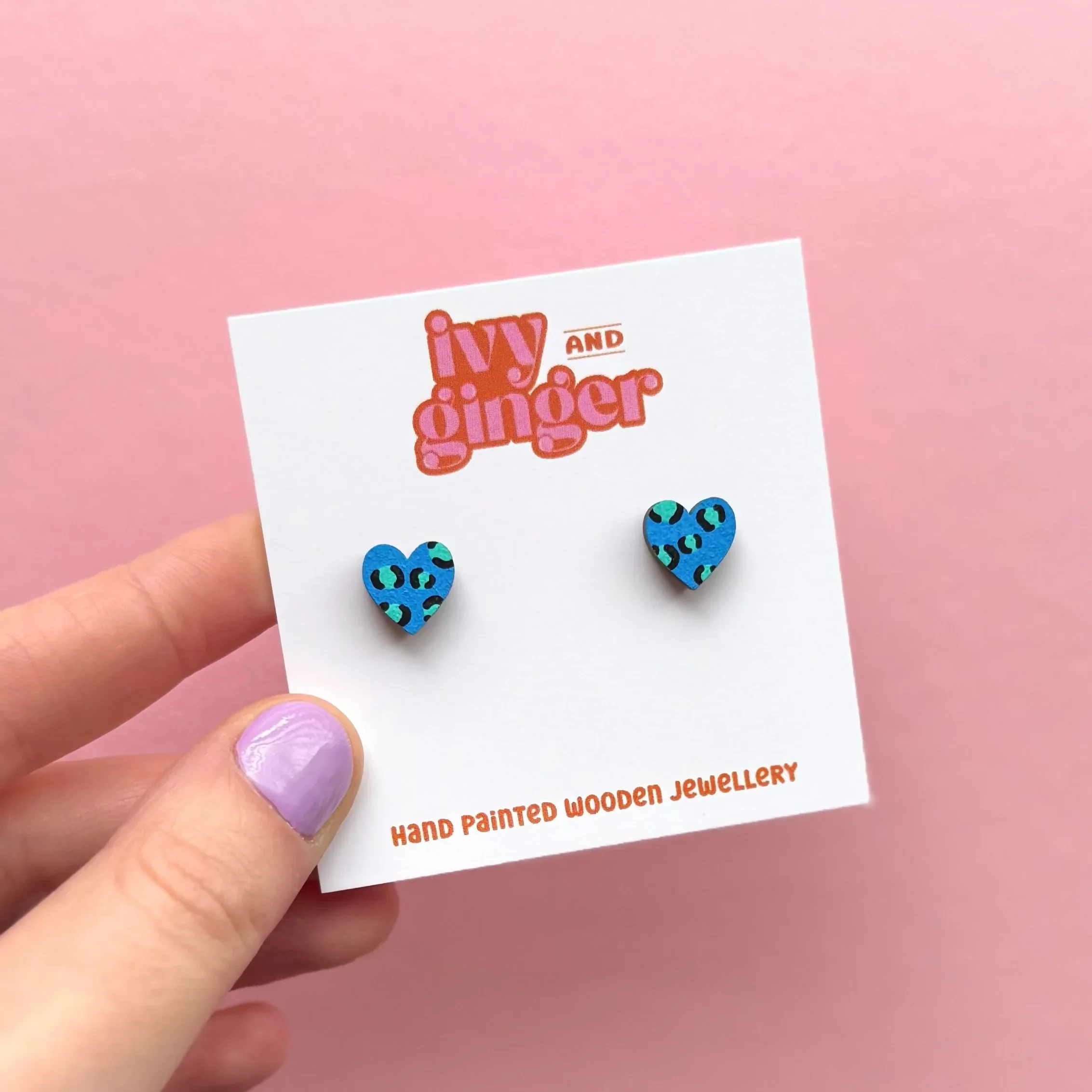 Hand Painted Blue and Teal Leopard Print Heart Stud Earrings - Image 3