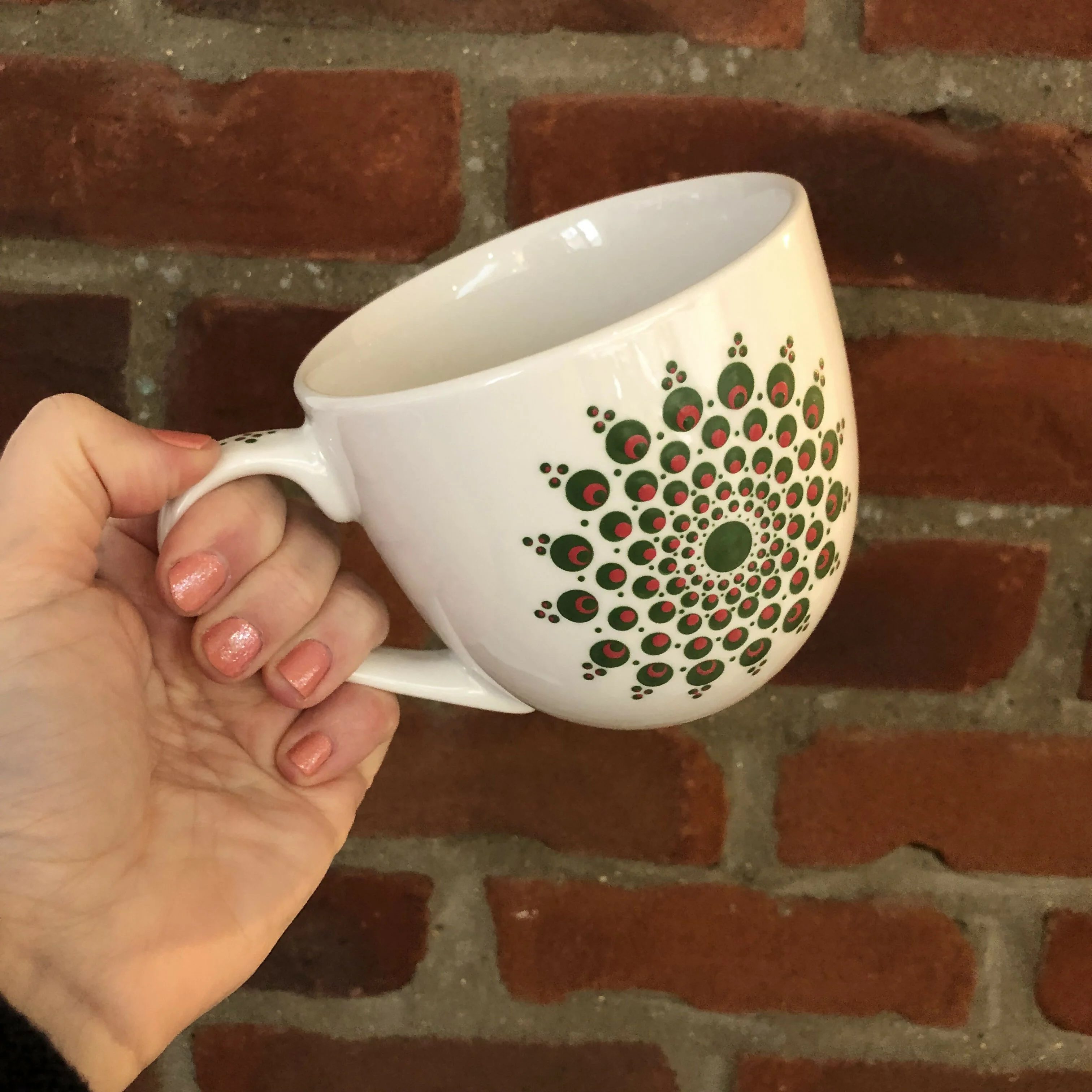 Hand Painted Dot Mandala Large Mug: Deep Green and Flamingo