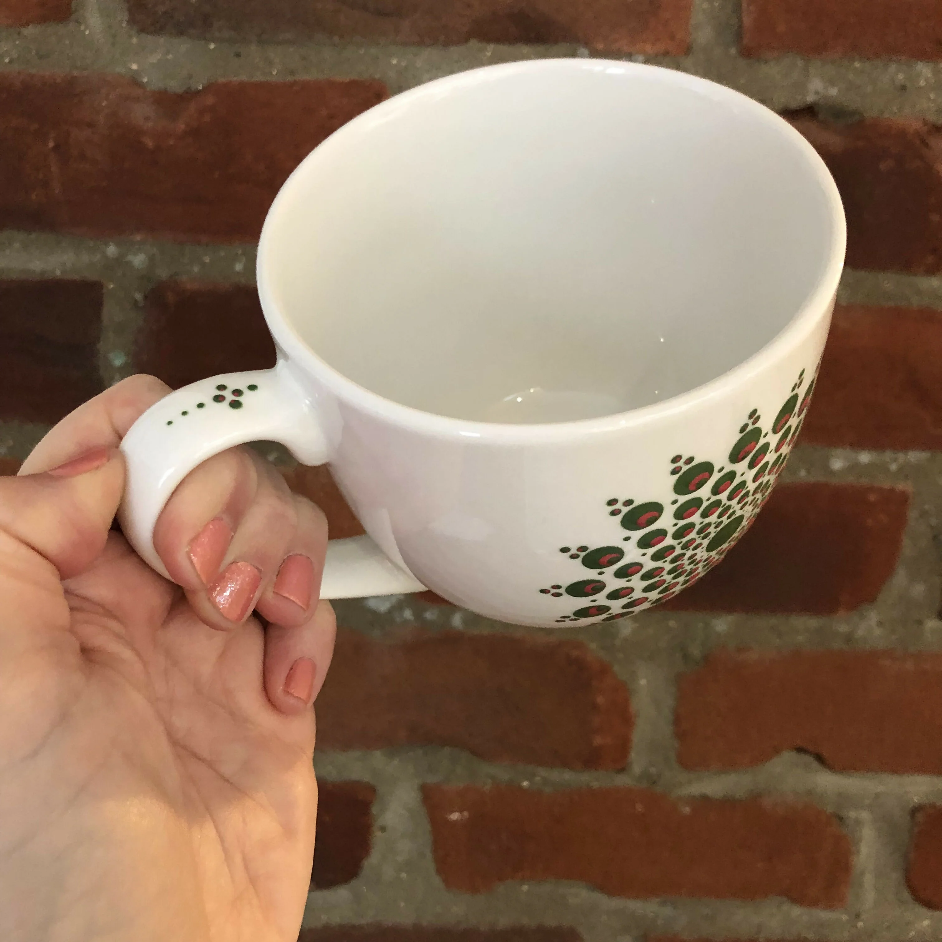 Hand Painted Dot Mandala Large Mug: Deep Green and Flamingo - Image 2