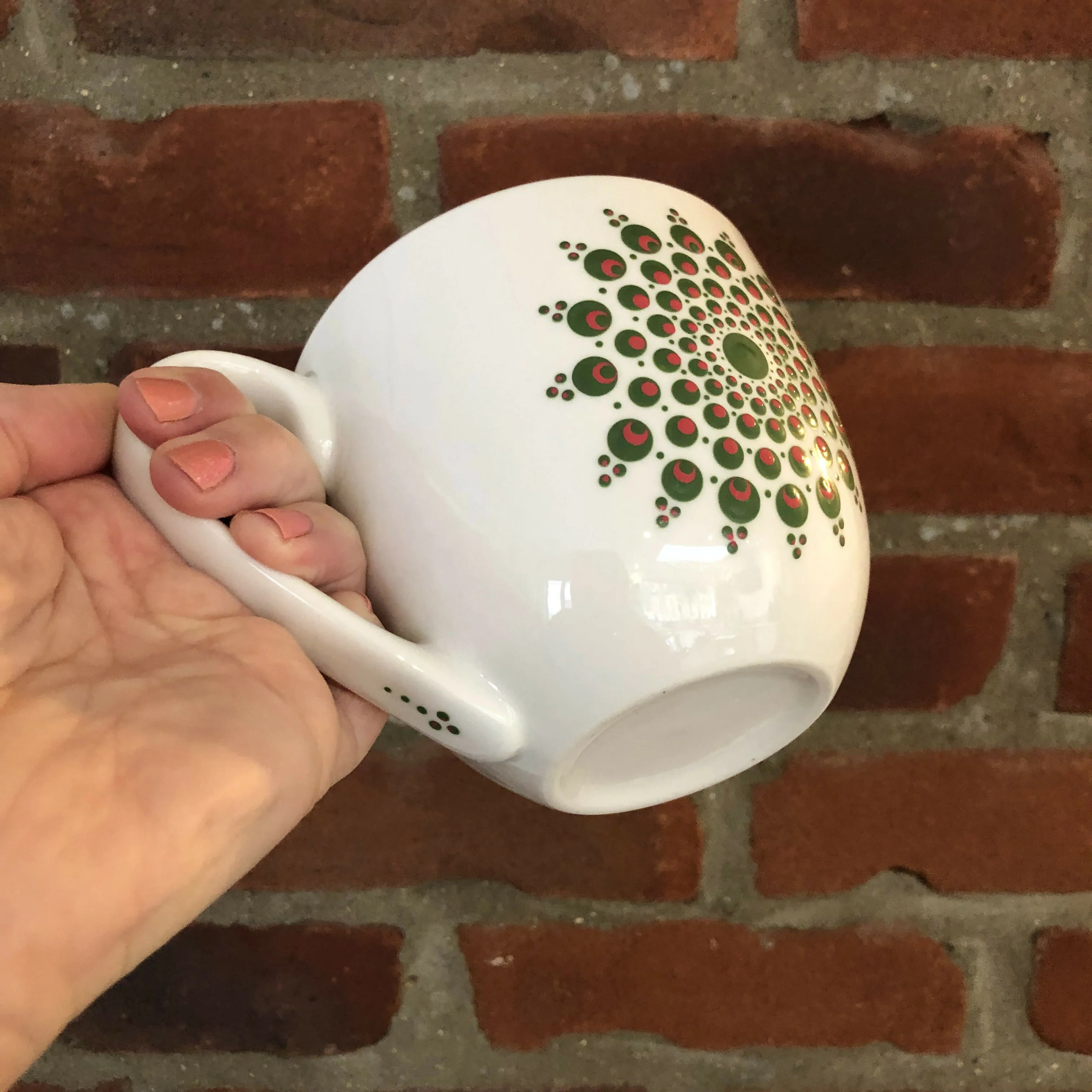 Hand Painted Dot Mandala Large Mug: Deep Green and Flamingo - Image 3