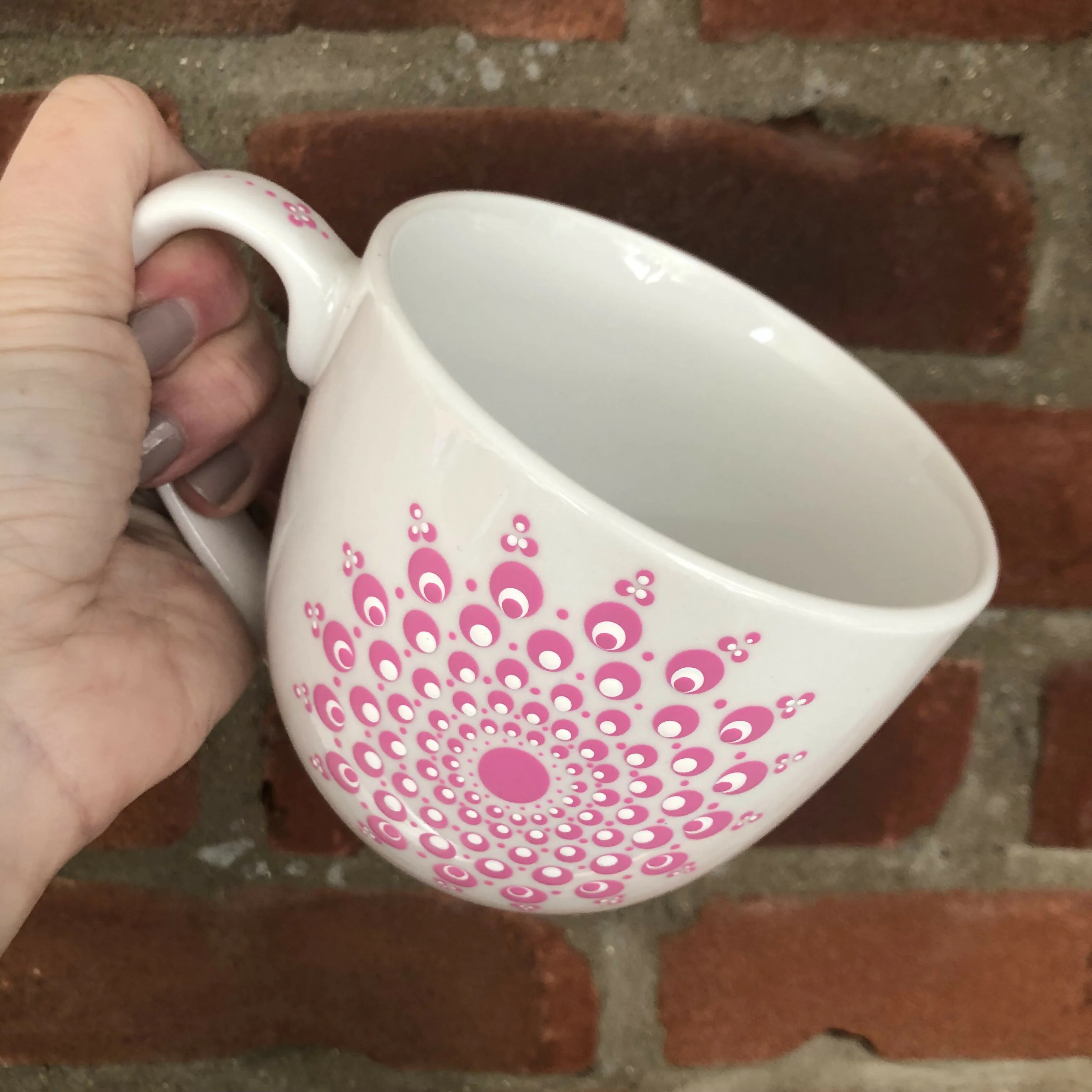 Hand Painted Dot Mandala Large Mug: Hot Pink with White - Image 3