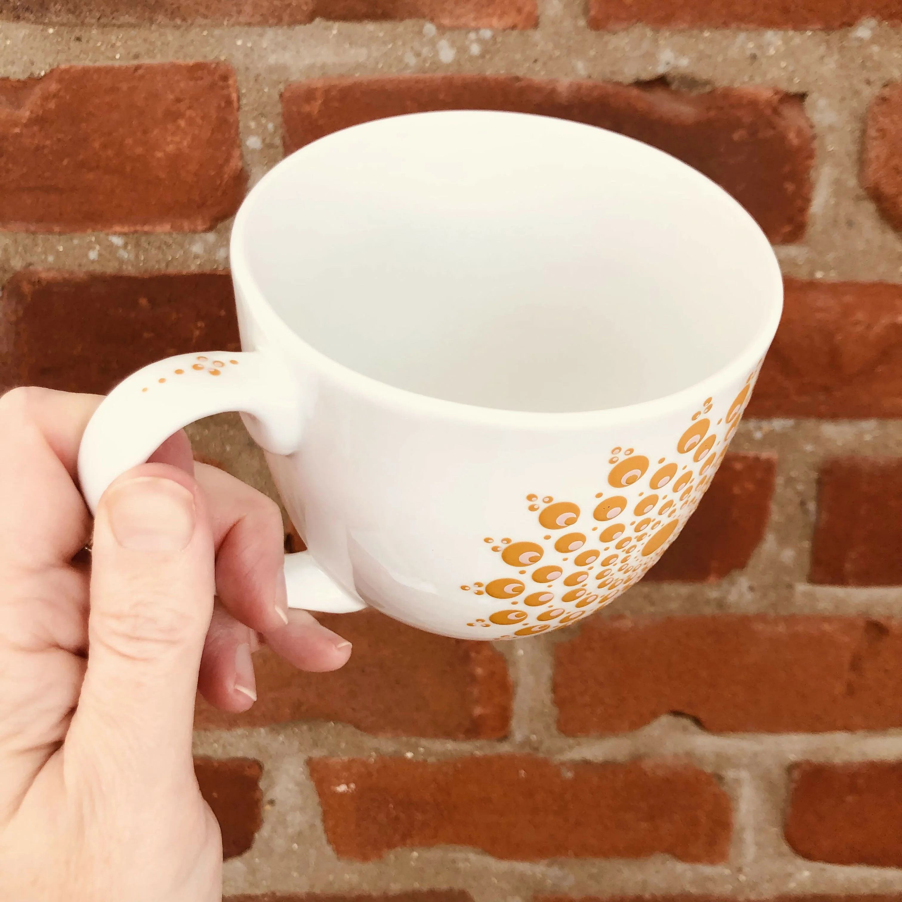 Hand Painted Dot Mandala Large Mug: True Ochre and Baby Pink - Image 3