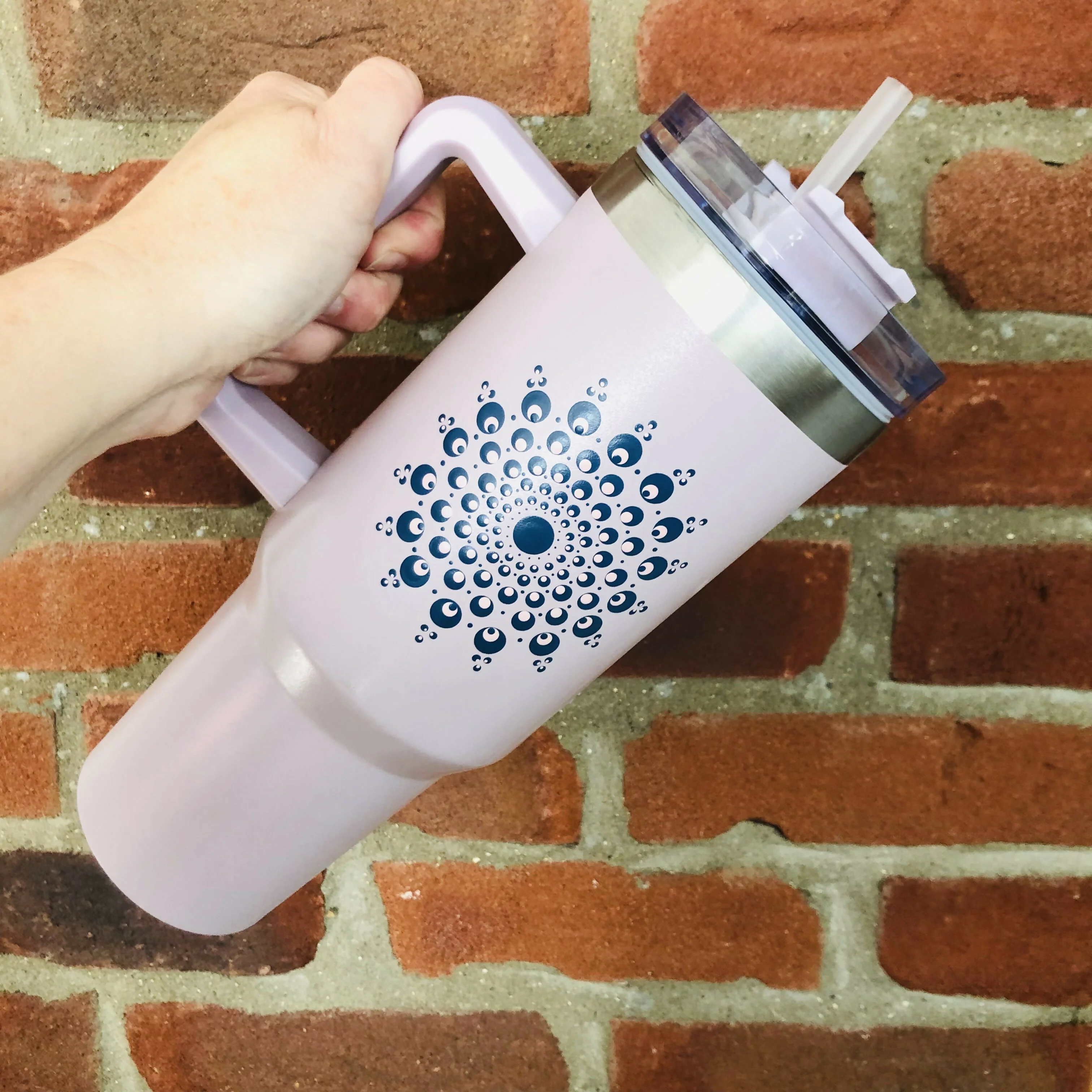Hand Painted Dot Mandala Stanley-Style Cup with Straw: Blush Pink with Navy and Baby Pink - Image 2