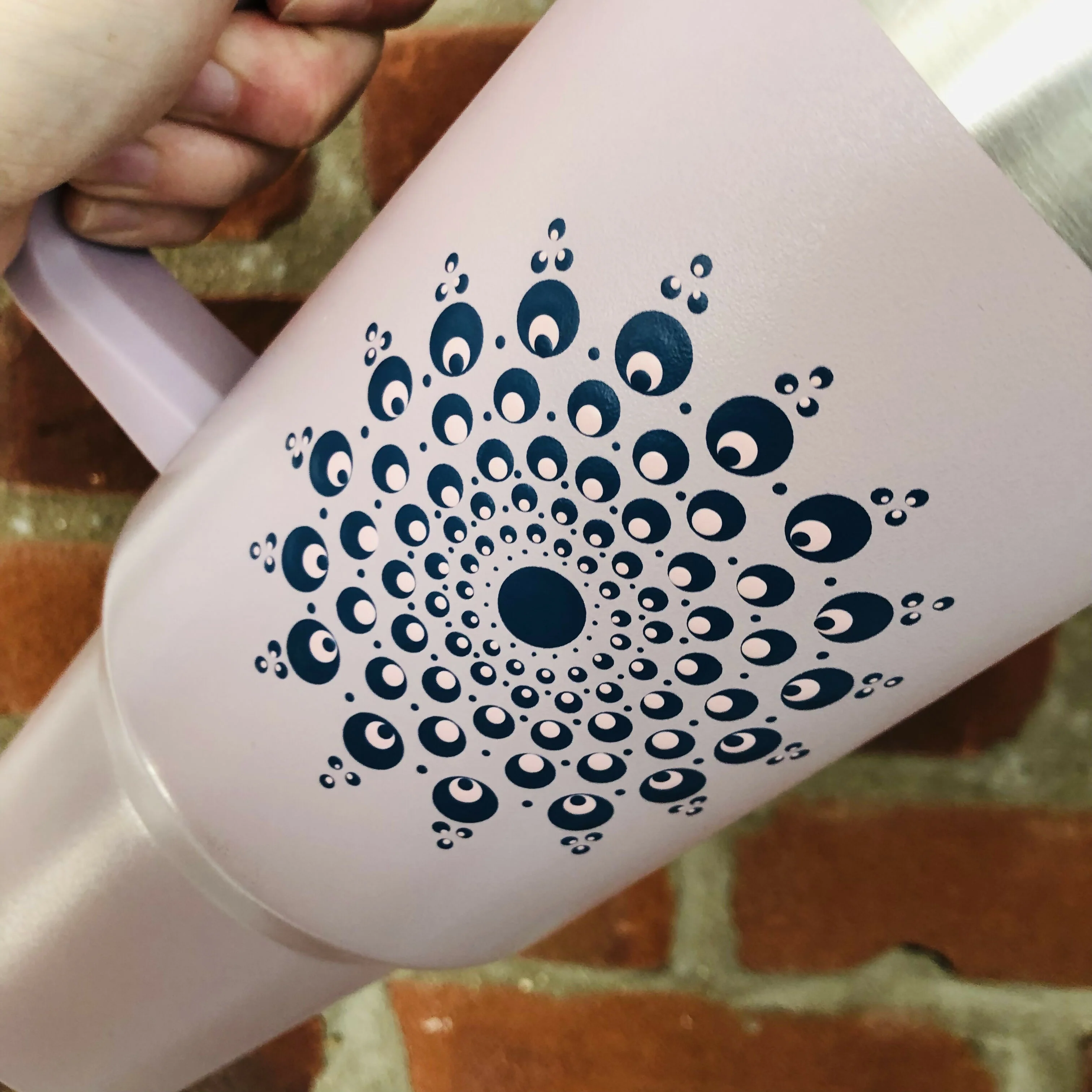 Hand Painted Dot Mandala Stanley-Style Cup with Straw: Blush Pink with Navy and Baby Pink - Image 3