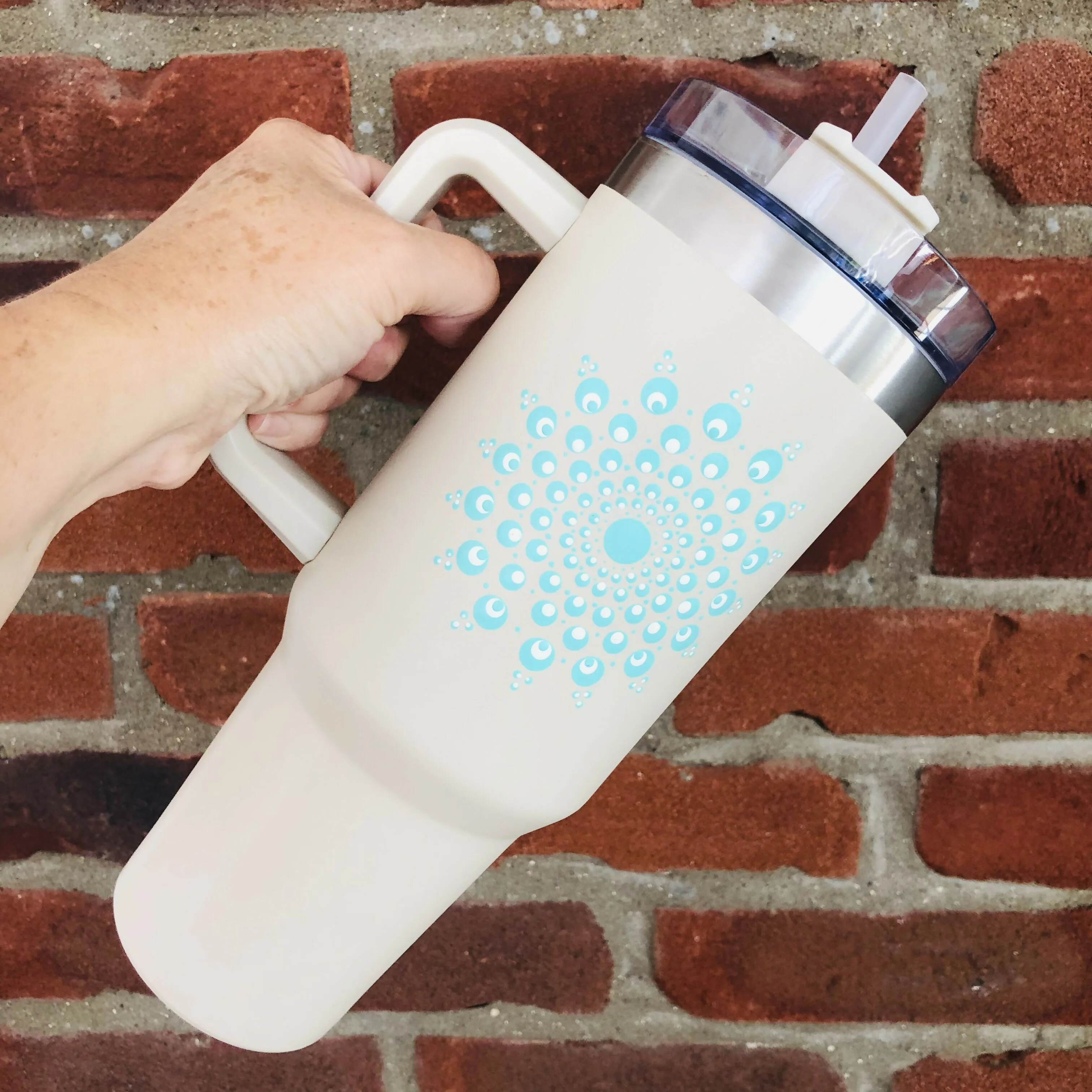 Hand Painted Dot Mandala Stanley-Style Cup With Straw: Cream with Mint and White - Image 4