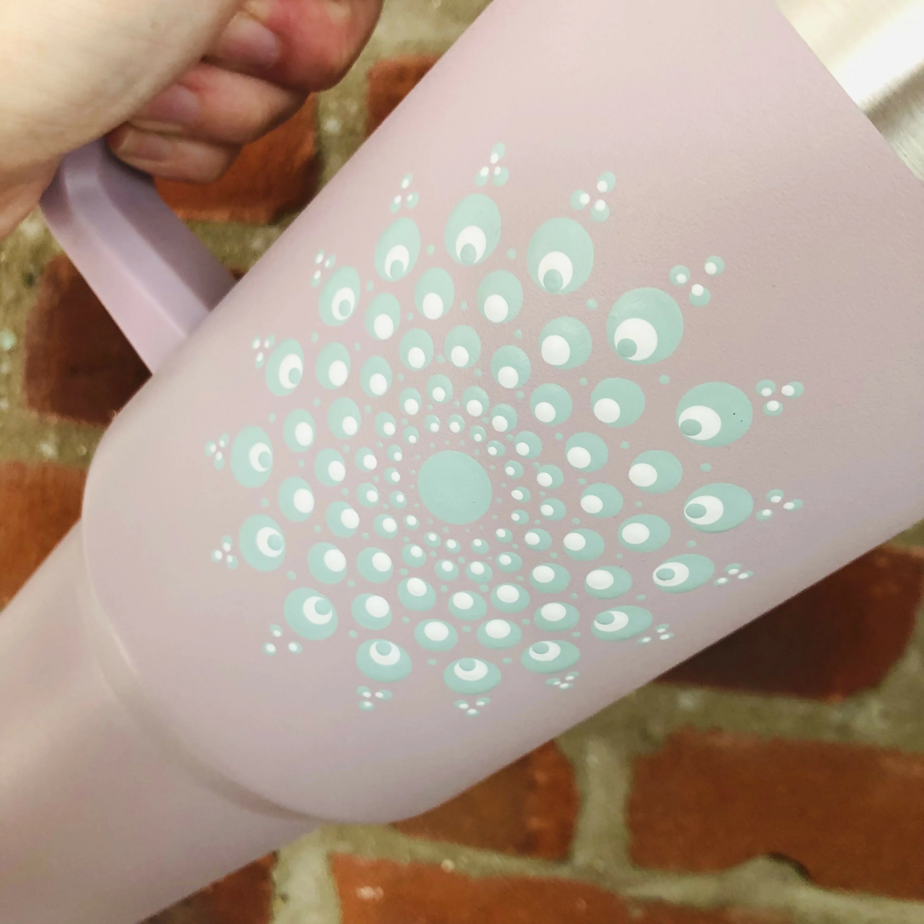Hand Painted Dot Mandala Thermal Water Bottle with straw: Blush Pink with Eucalyptus and White - Image 3
