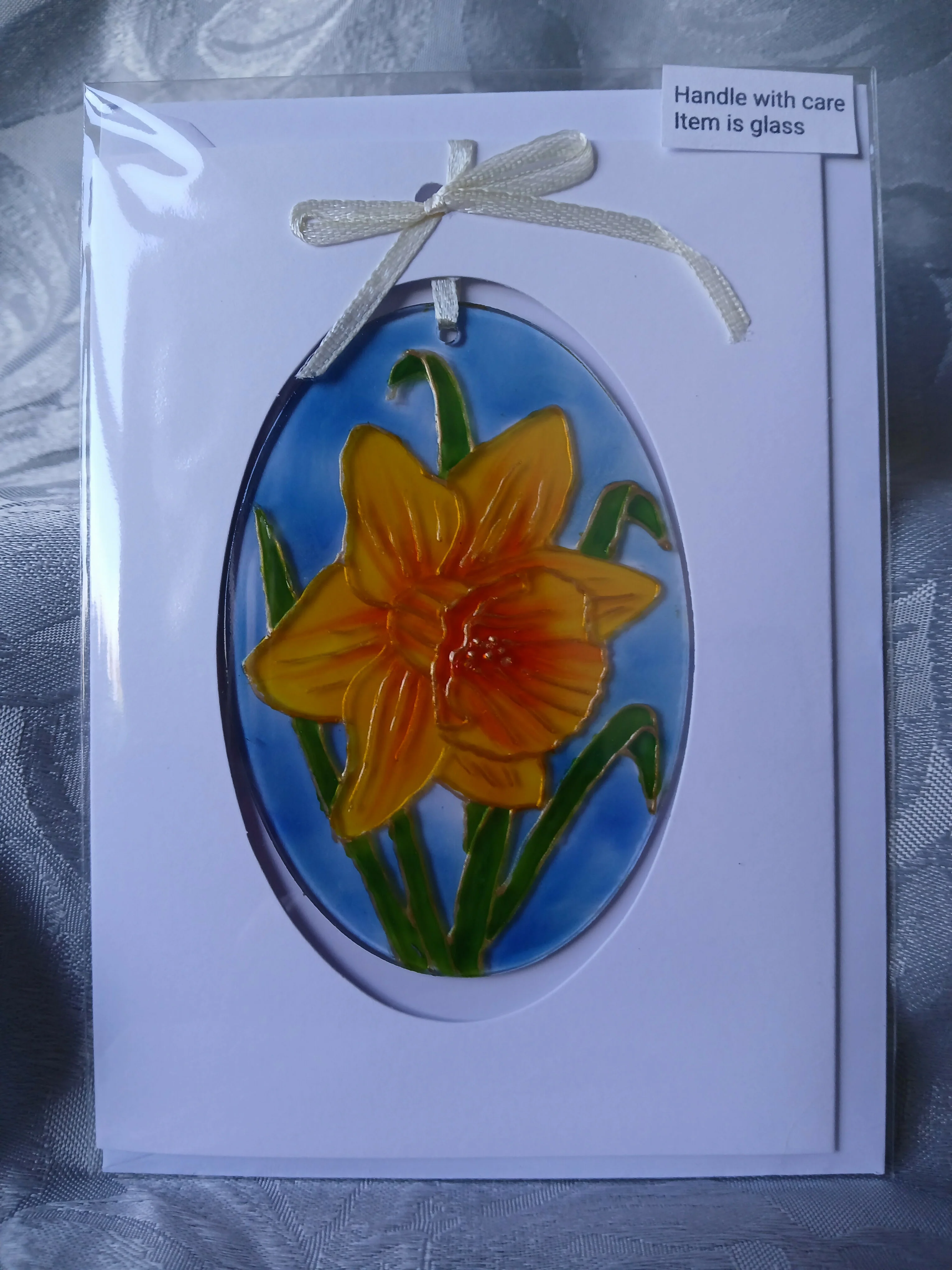 Hand Painted Glass Ovel Suncatcher with Flowers Card/Gift