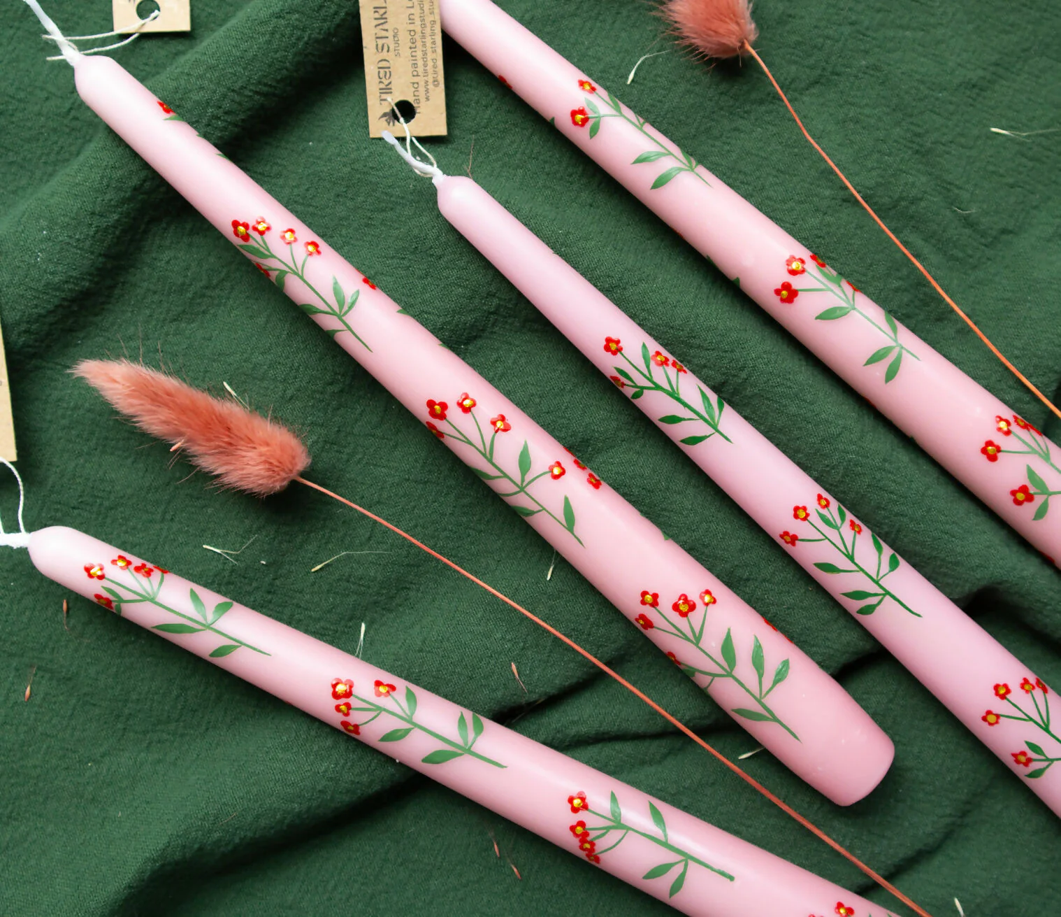 Hand-Painted Pink Floral Taper Candle - Image 2