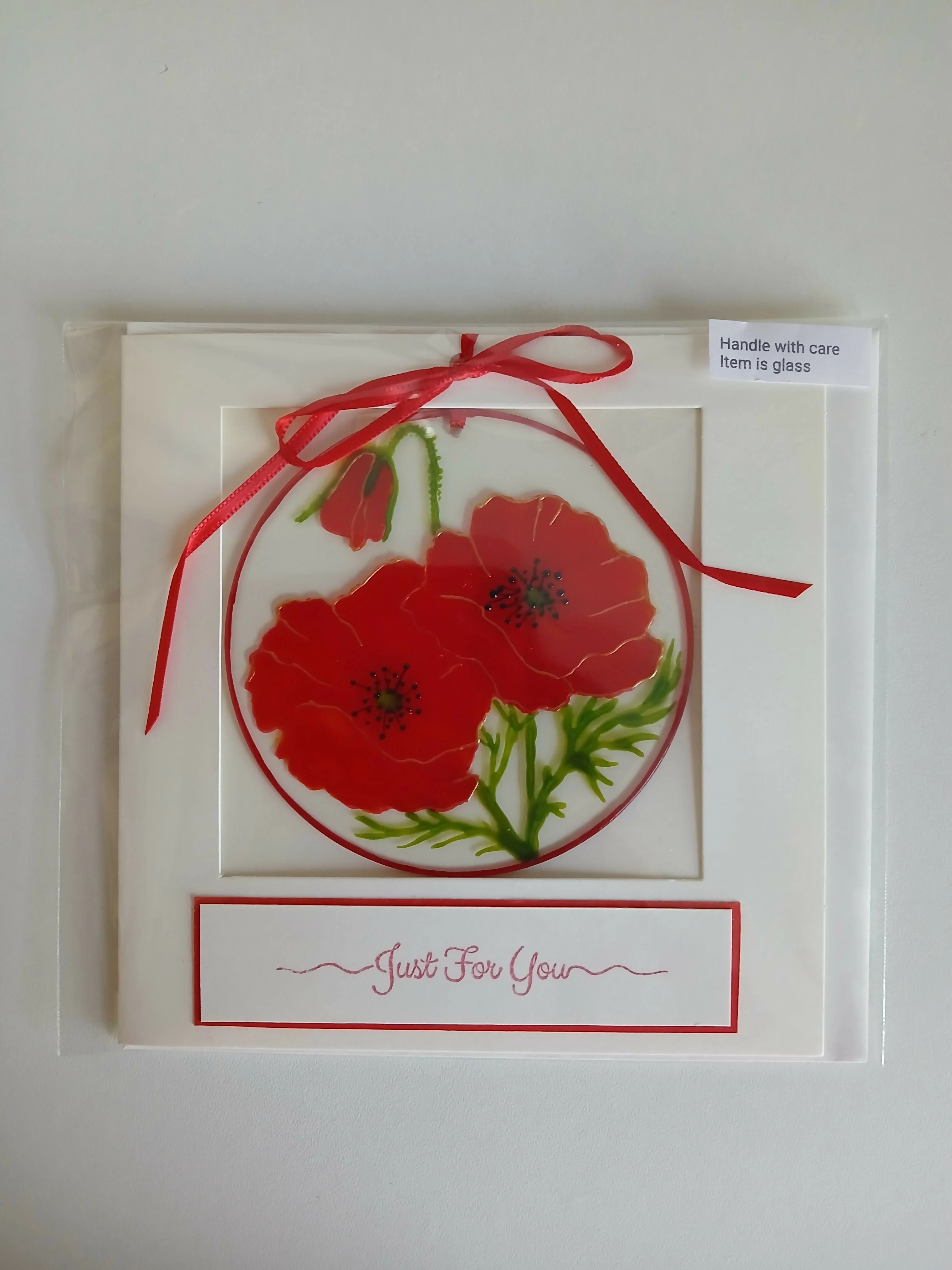 Hand Painted Poppies Card/Gift Glass Plaque Suncatcher