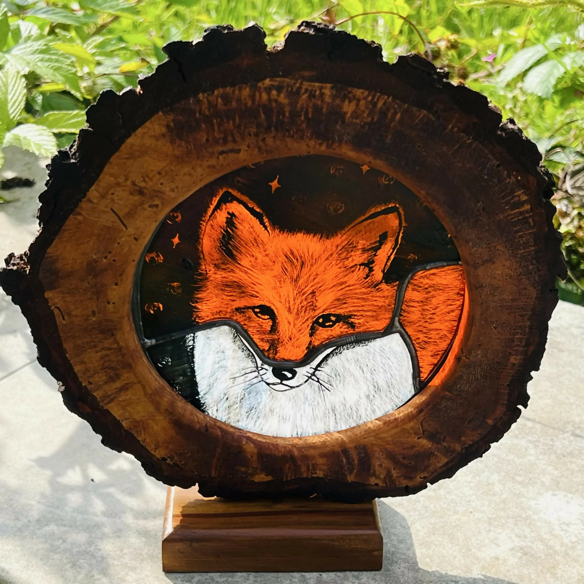 Hand Painted Stained Glass Forest Creatures in Wood Log - Image 2