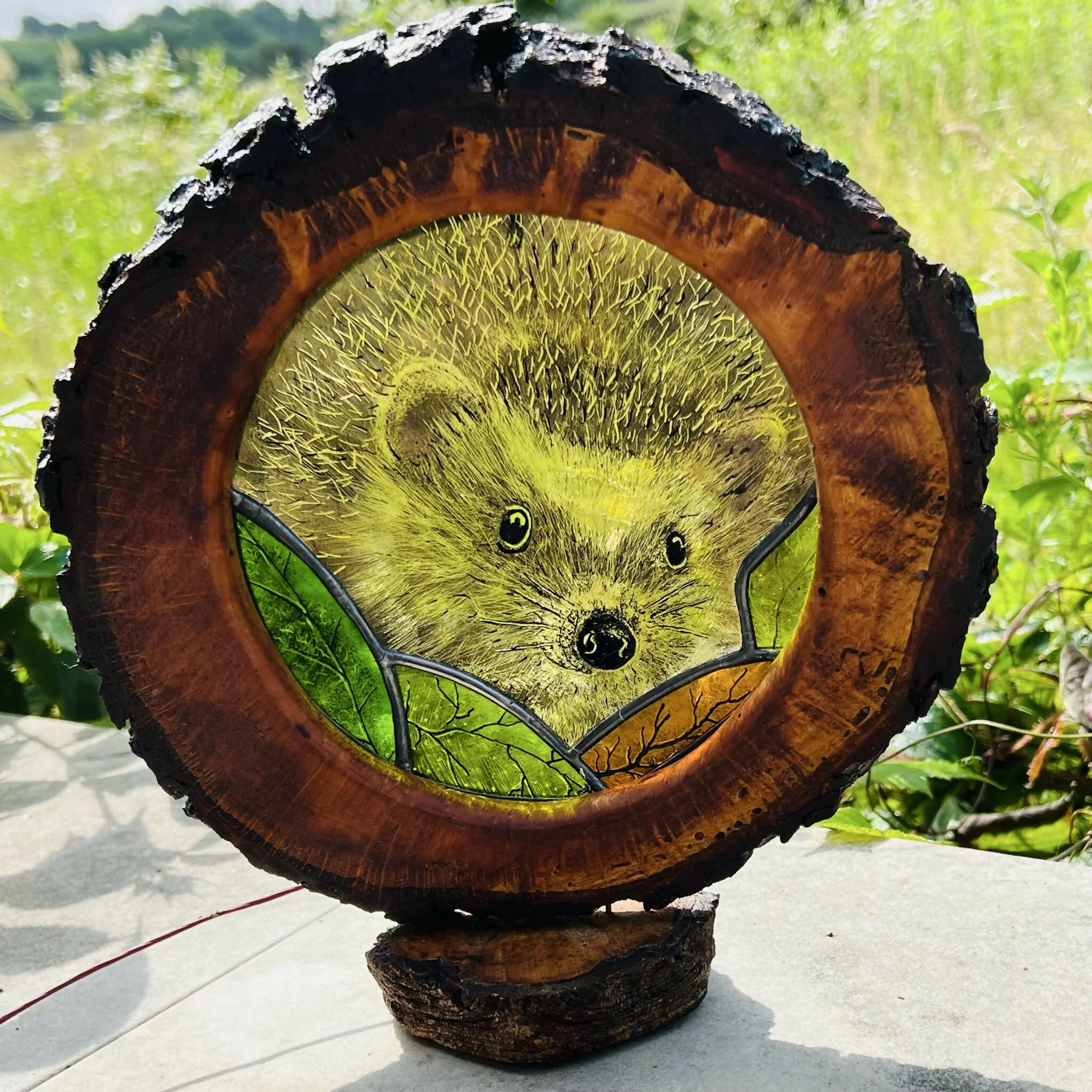 Hand Painted Stained Glass Forest Creatures in Wood Log - Image 3