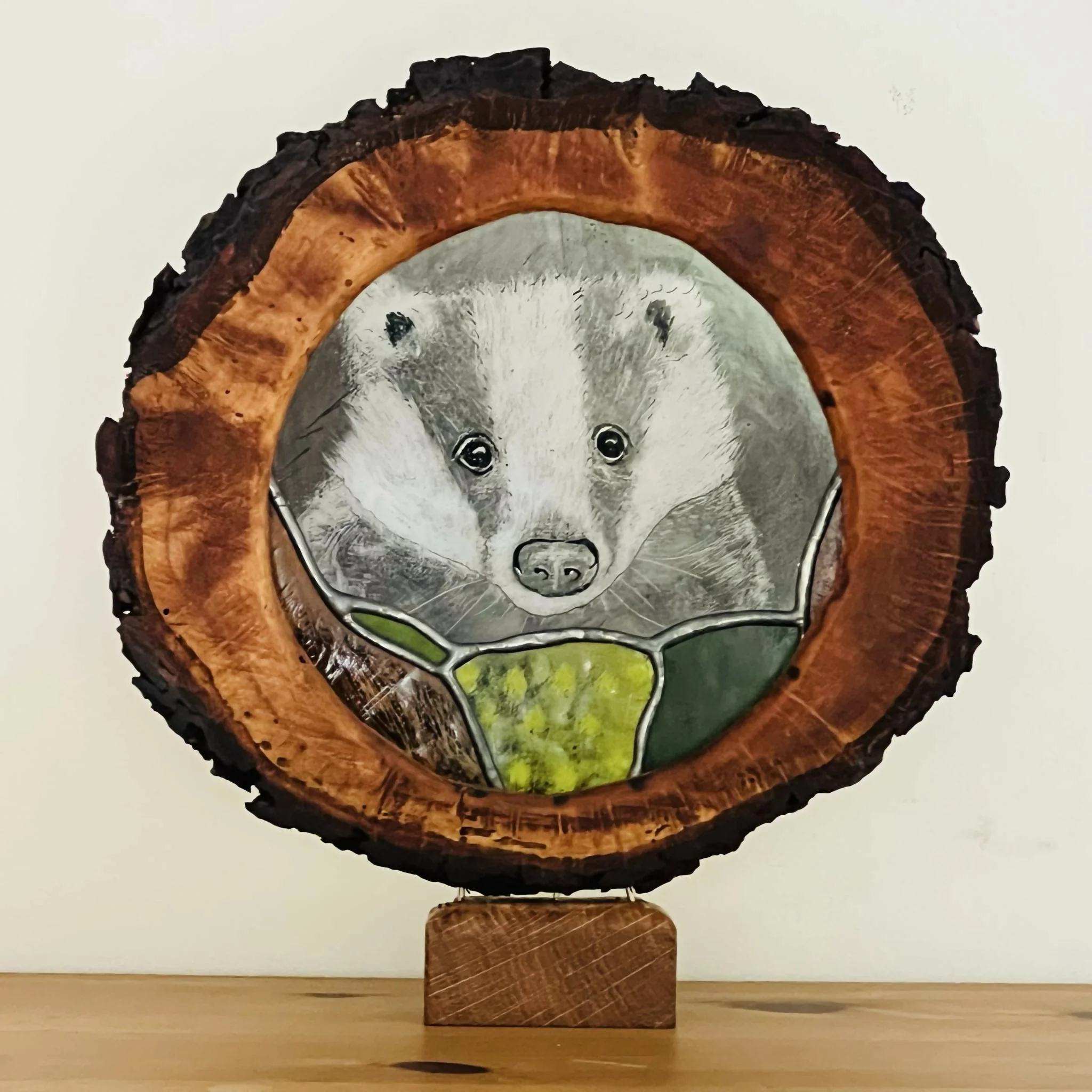 Hand Painted Stained Glass Forest Creatures in Wood Log - Image 4