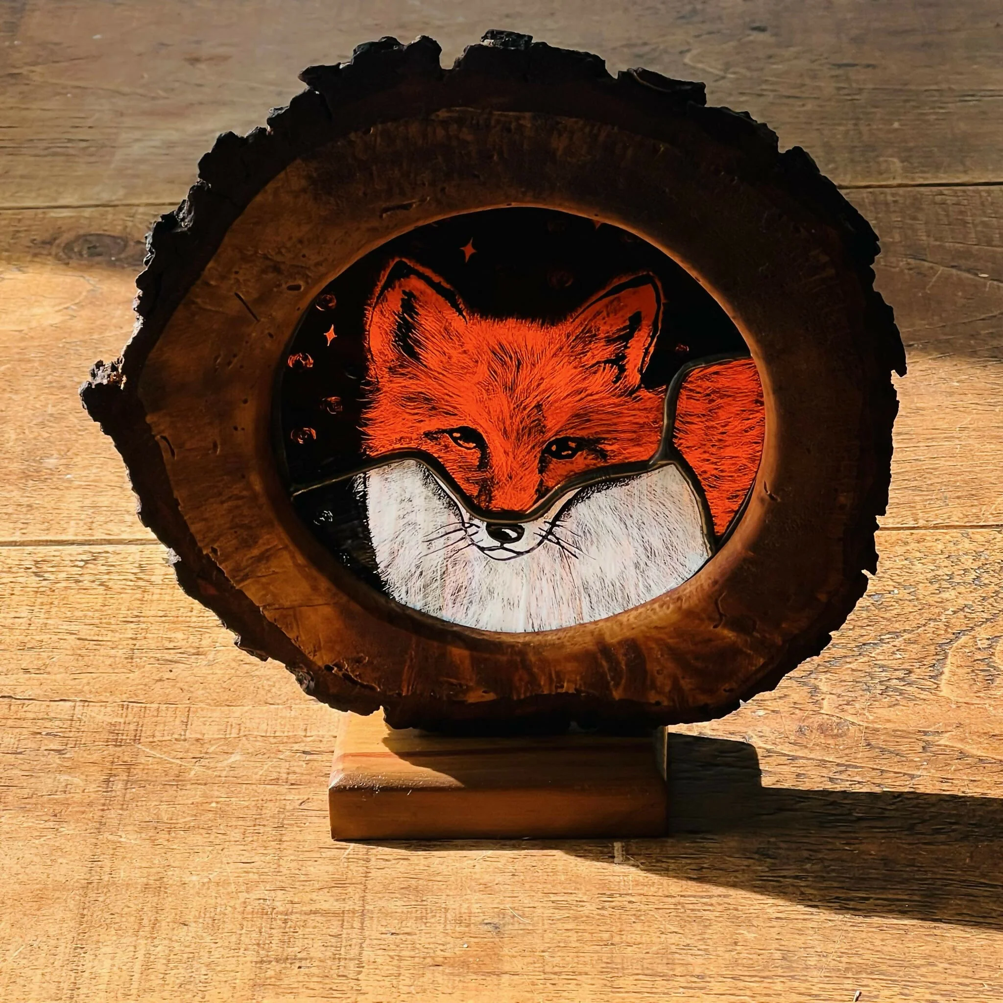 Hand Painted Stained Glass Forest Creatures in Wood Log - Image 5
