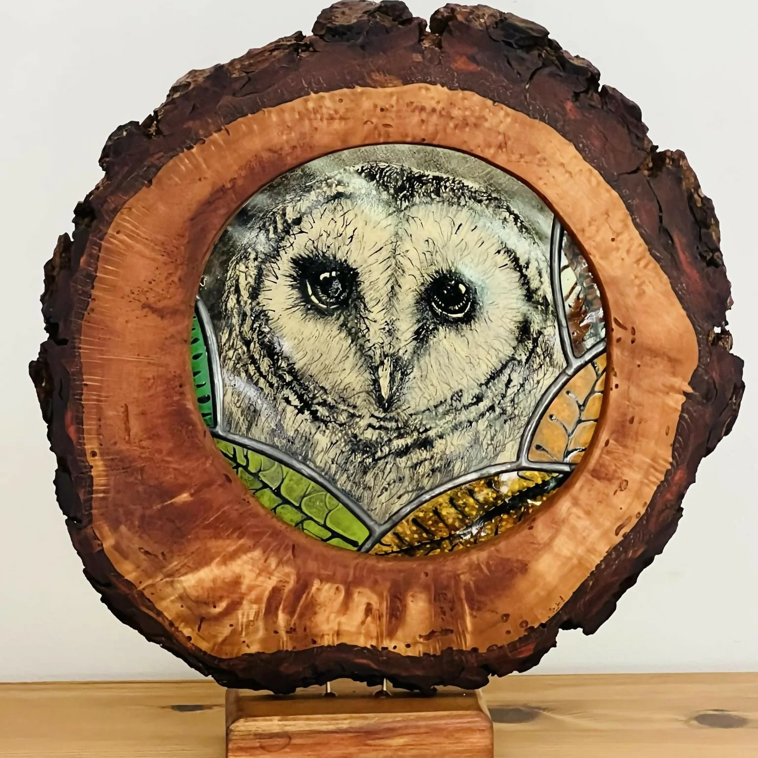 Hand Painted Stained Glass Forest Creatures in Wood Log - Image 6
