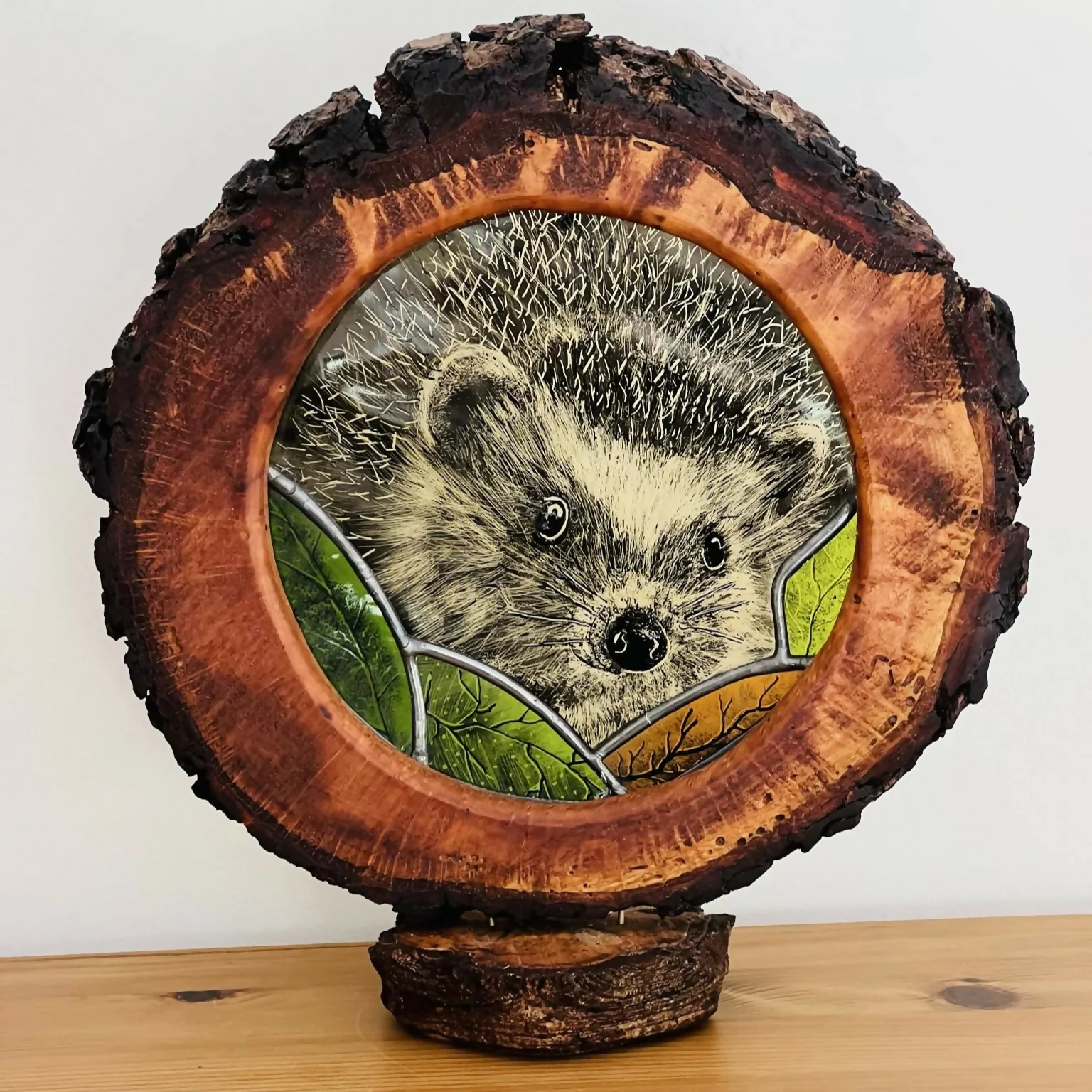 Hand Painted Stained Glass Forest Creatures in Wood Log - Image 7