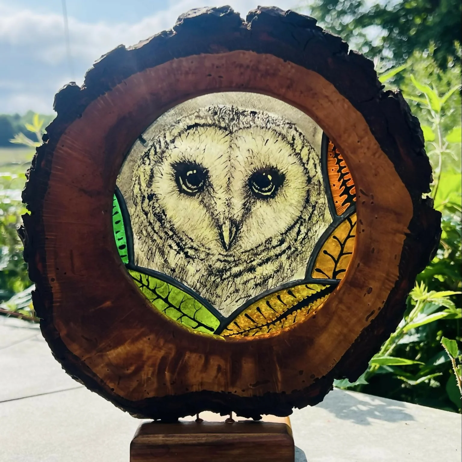 Hand Painted Stained Glass Forest Creatures in Wood Log - Image 8
