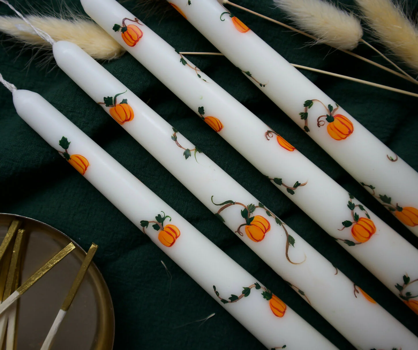 Hand Painted Taper Candle with Autumn Pumpkins - Image 2