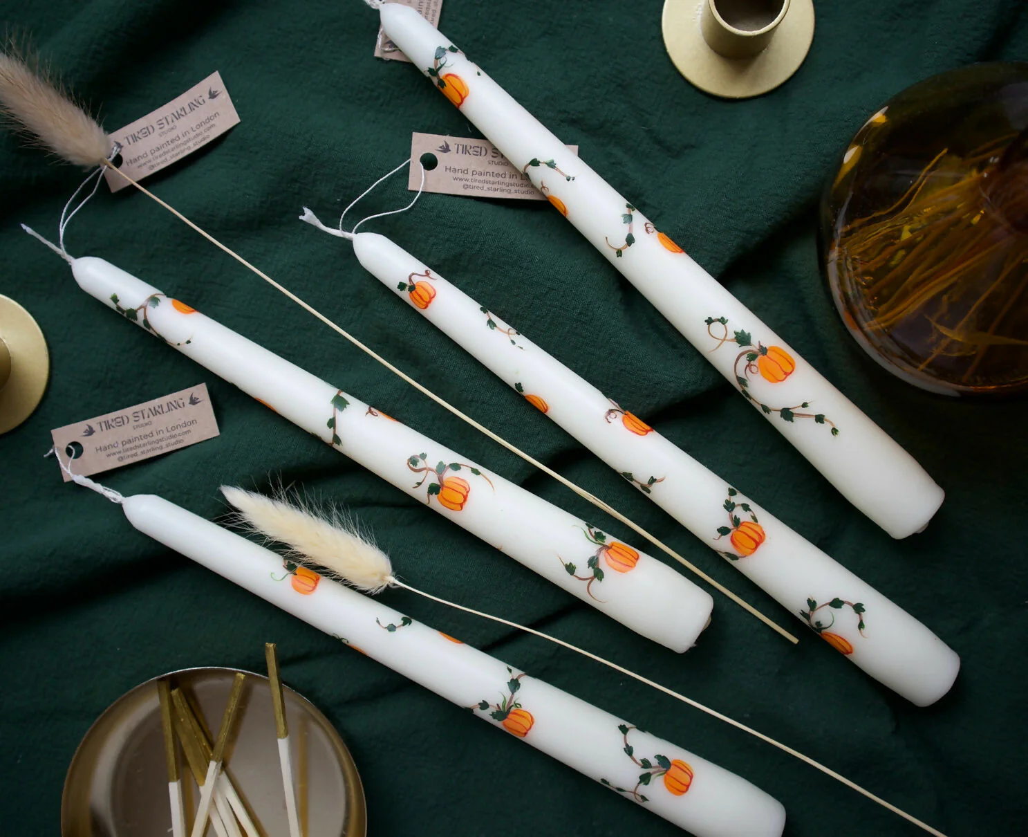 Hand Painted Taper Candle with Autumn Pumpkins - Image 3