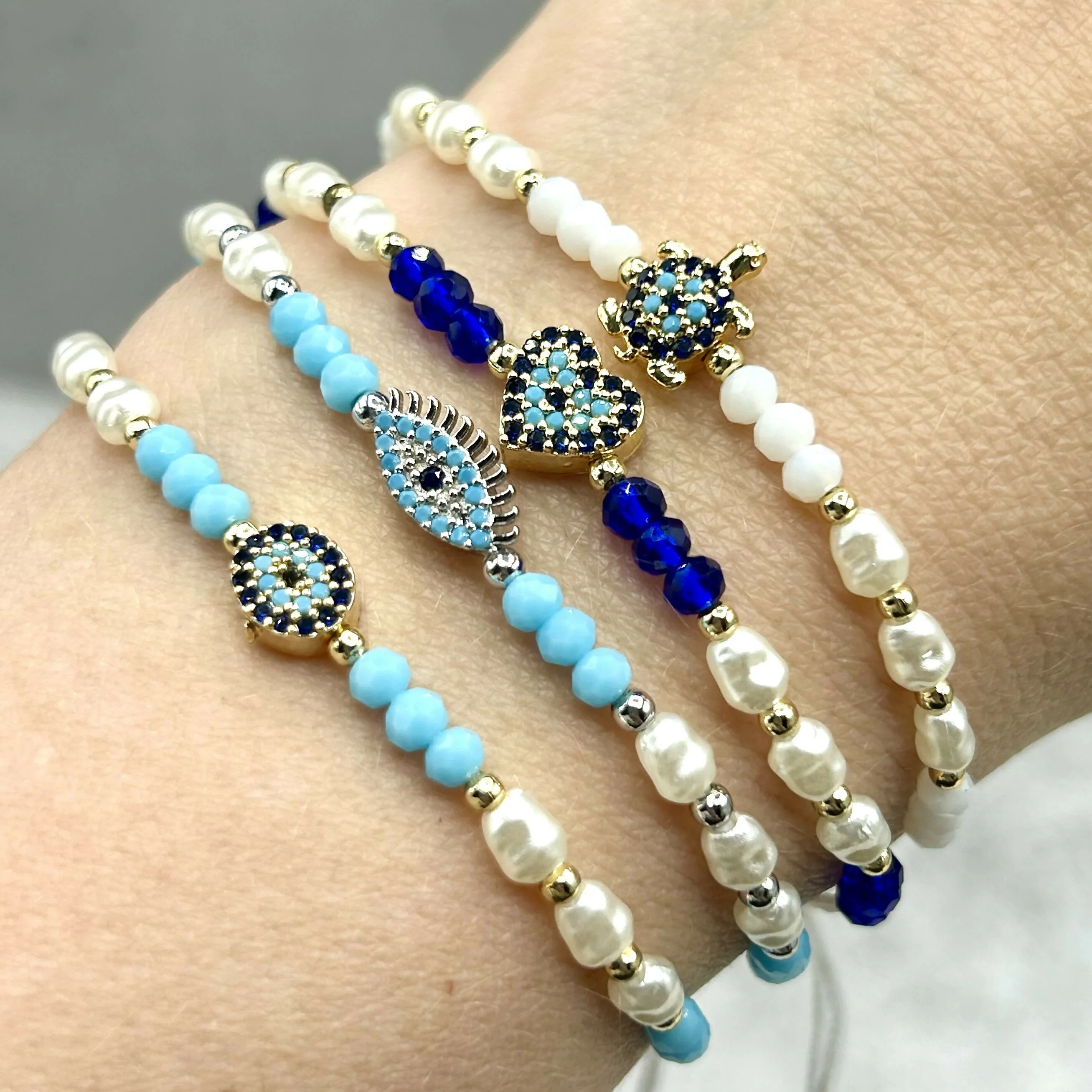 Hand-Strung Glass Bead Adjustable Bracelet - Mediterranean Evil Eye Charms - Image 2