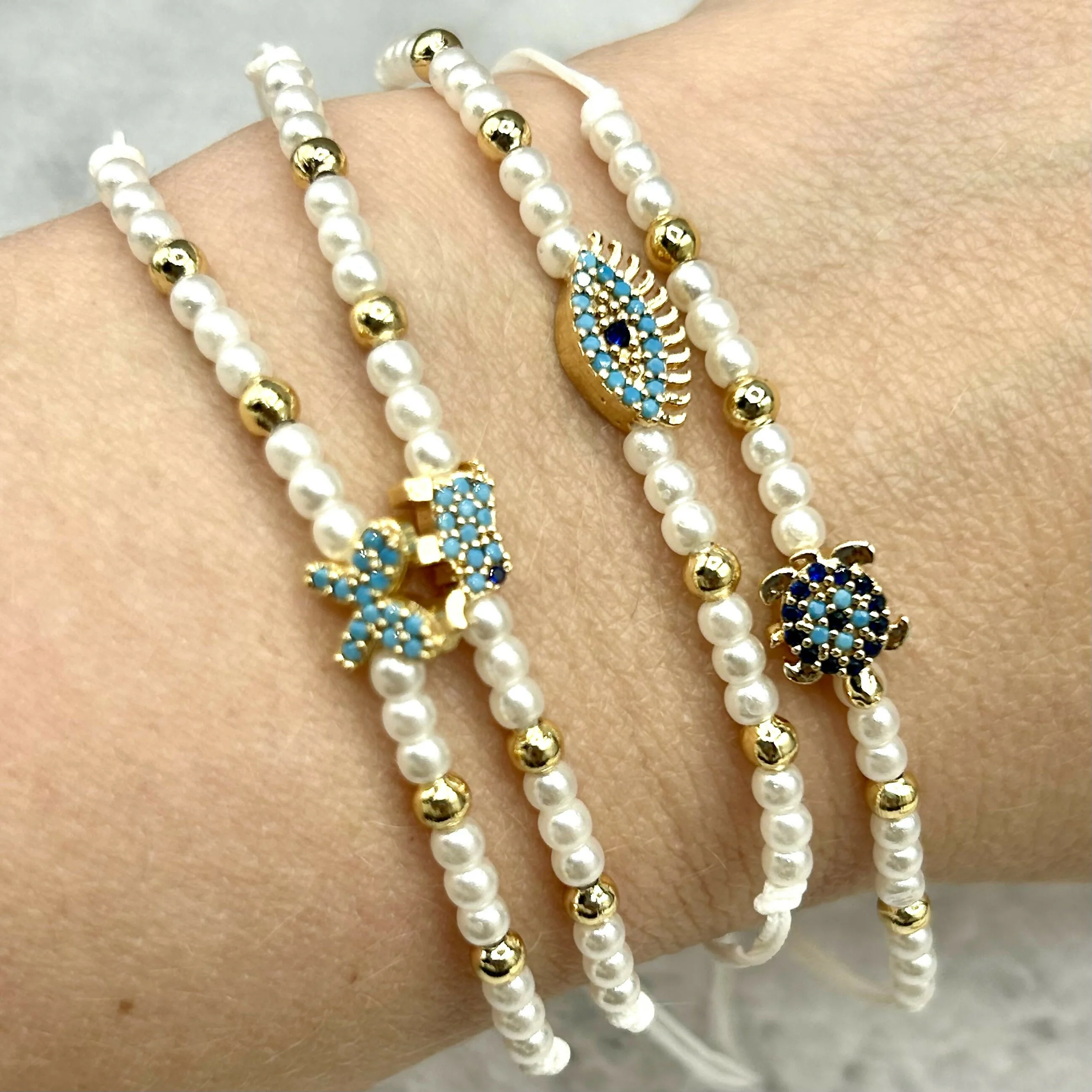 Hand-Strung Pearl and Gold Bead Adjustable Bracelet -Traditional Mediterranean Charms - Image 3