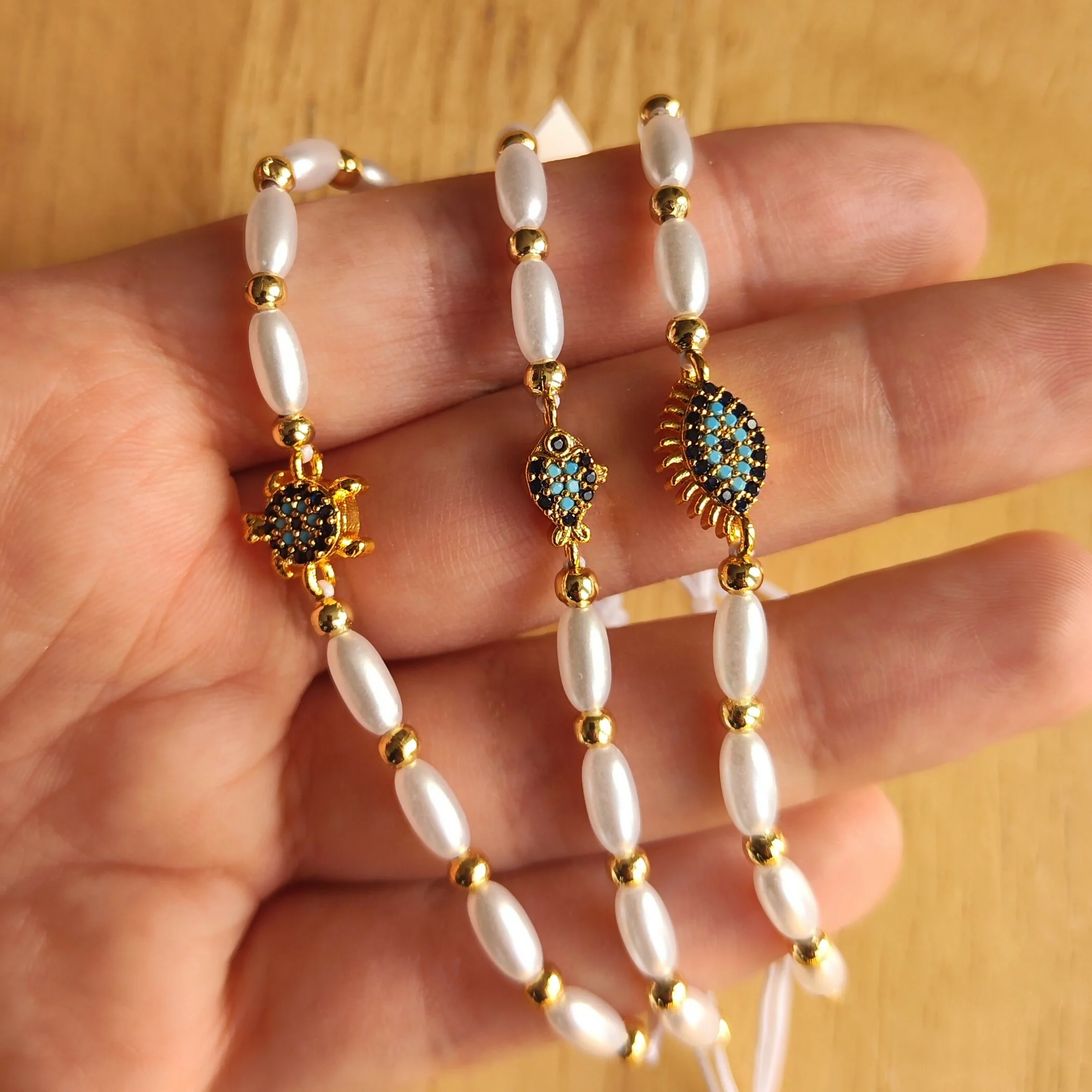 Hand-Strung Pearl and Gold Bead Adjustable Bracelet -Traditional Mediterranean Charms - Image 4
