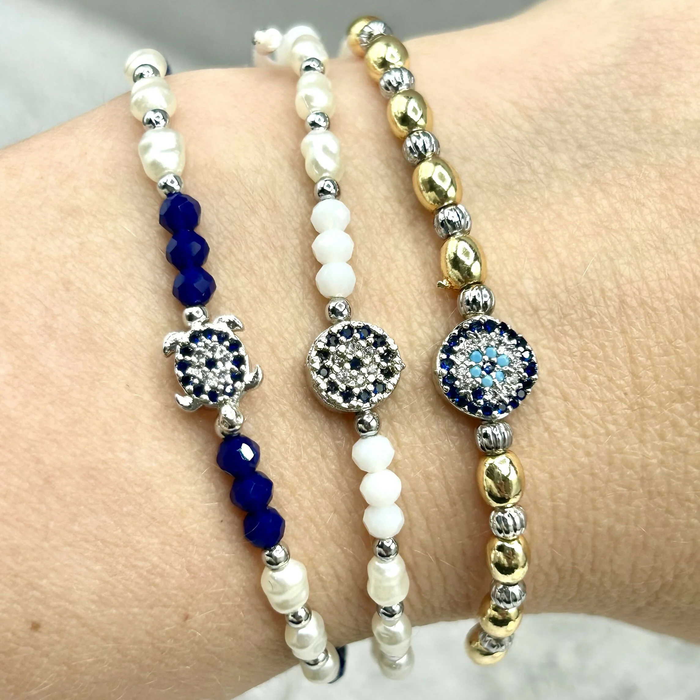 Hand-Strung Pearl and Silver Bead Adjustable Bracelet - Mediterranean Evil Eye Charms