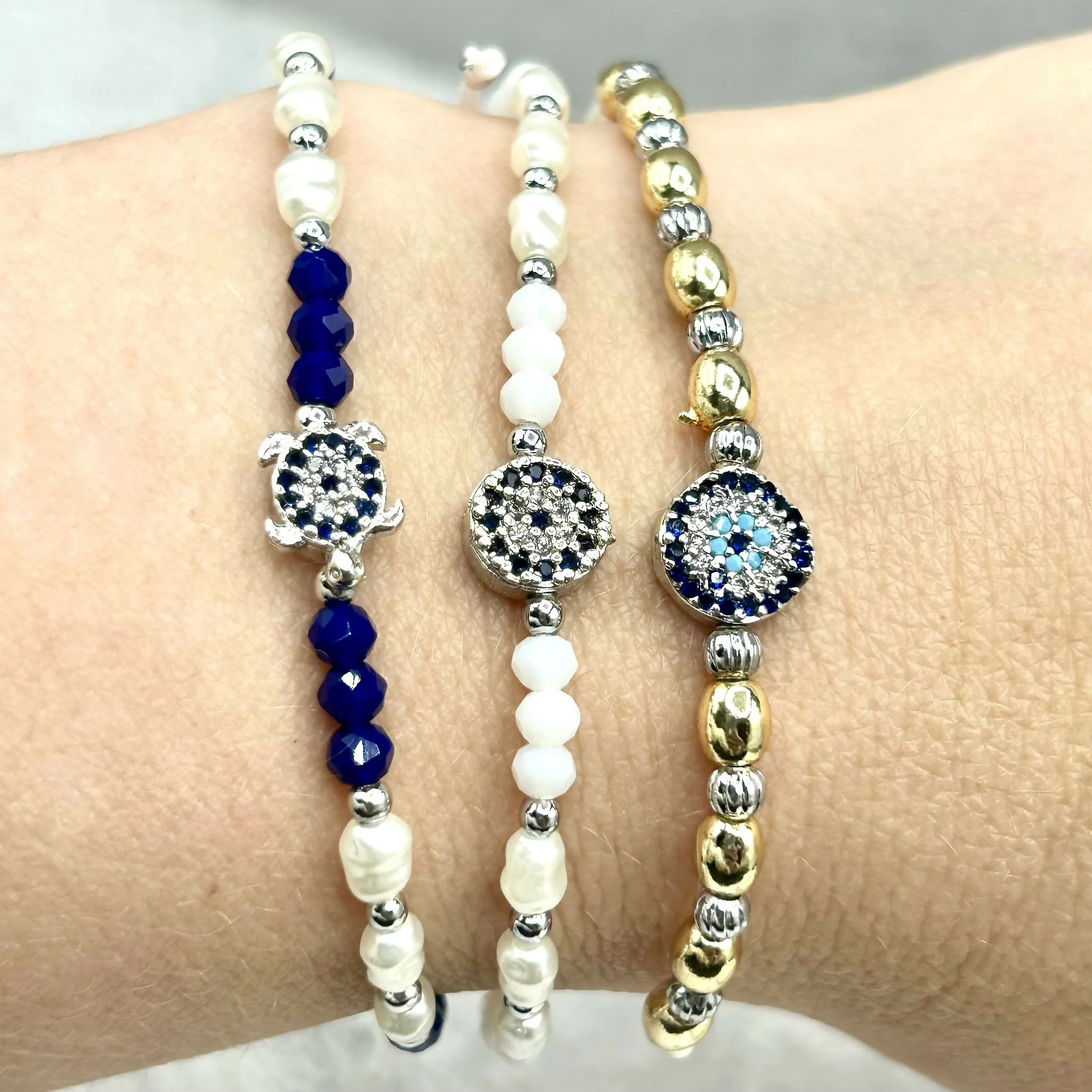 Hand-Strung Pearl and Silver Bead Adjustable Bracelet - Mediterranean Evil Eye Charms - Image 2