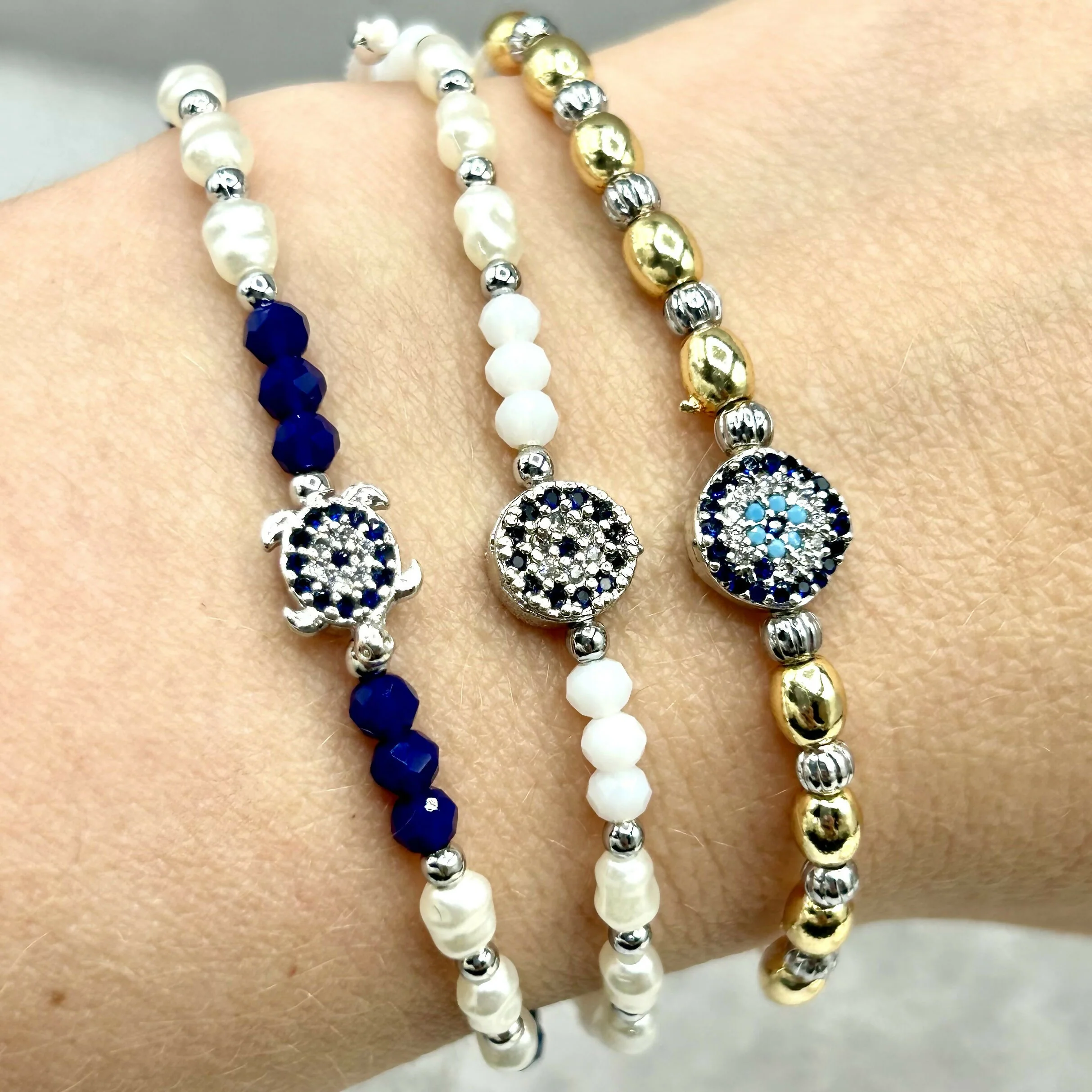 Hand-Strung Pearl and Silver Bead Adjustable Bracelet - Mediterranean Evil Eye Charms - Image 3