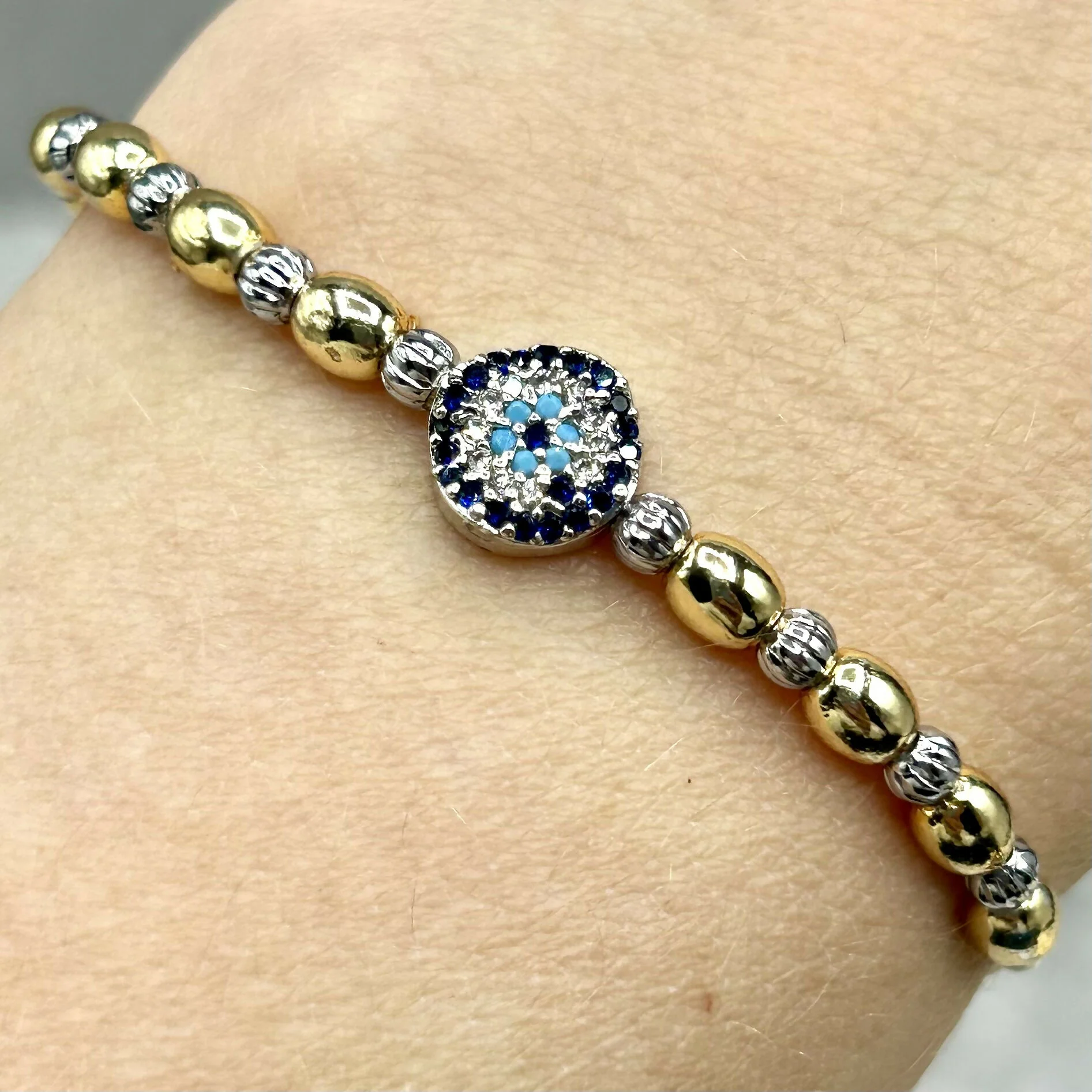 Hand-Strung Pearl and Silver Bead Adjustable Bracelet - Mediterranean Evil Eye Charms - Image 4