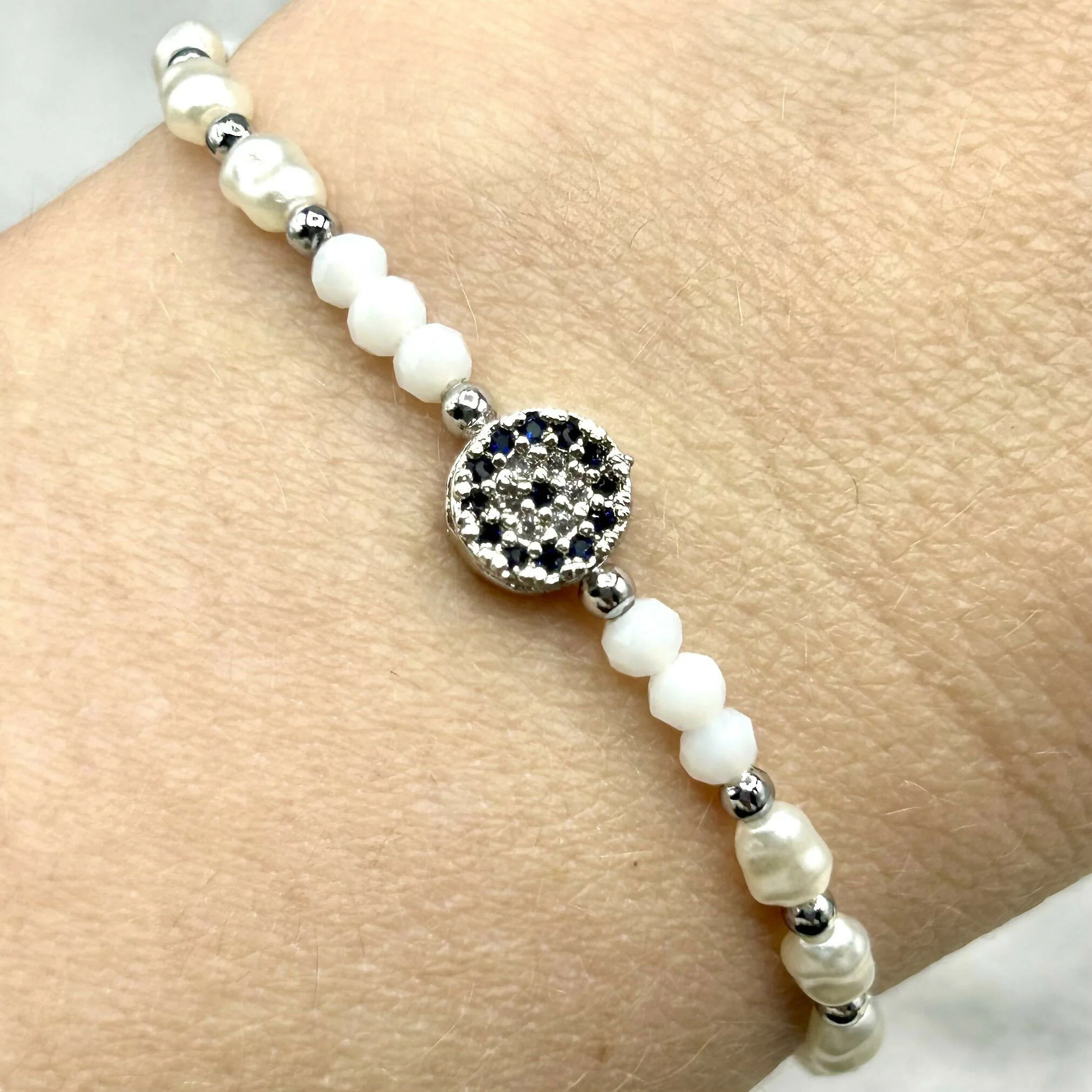 Hand-Strung Pearl and Silver Bead Adjustable Bracelet - Mediterranean Evil Eye Charms - Image 5