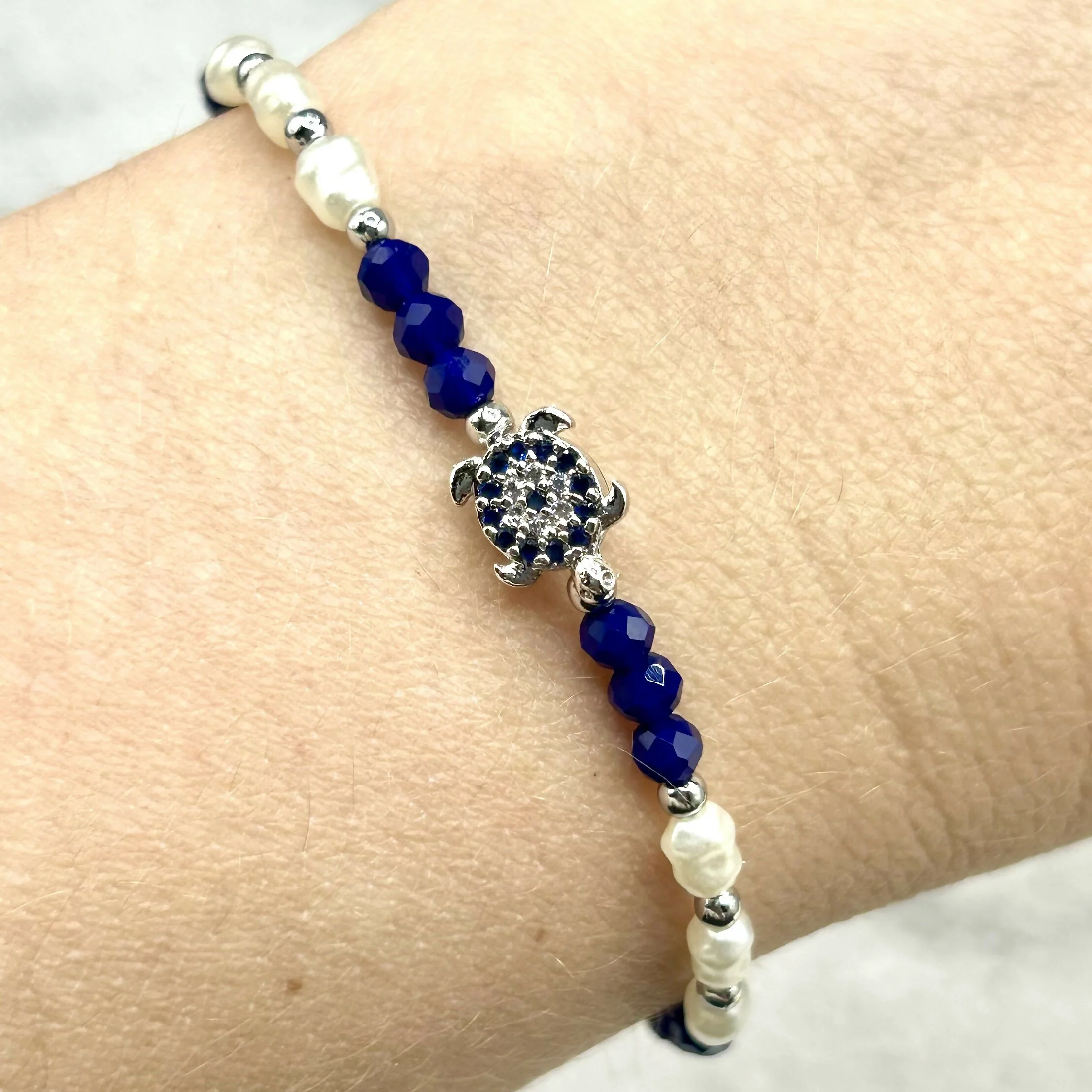 Hand-Strung Pearl and Silver Bead Adjustable Bracelet - Mediterranean Evil Eye Charms - Image 6