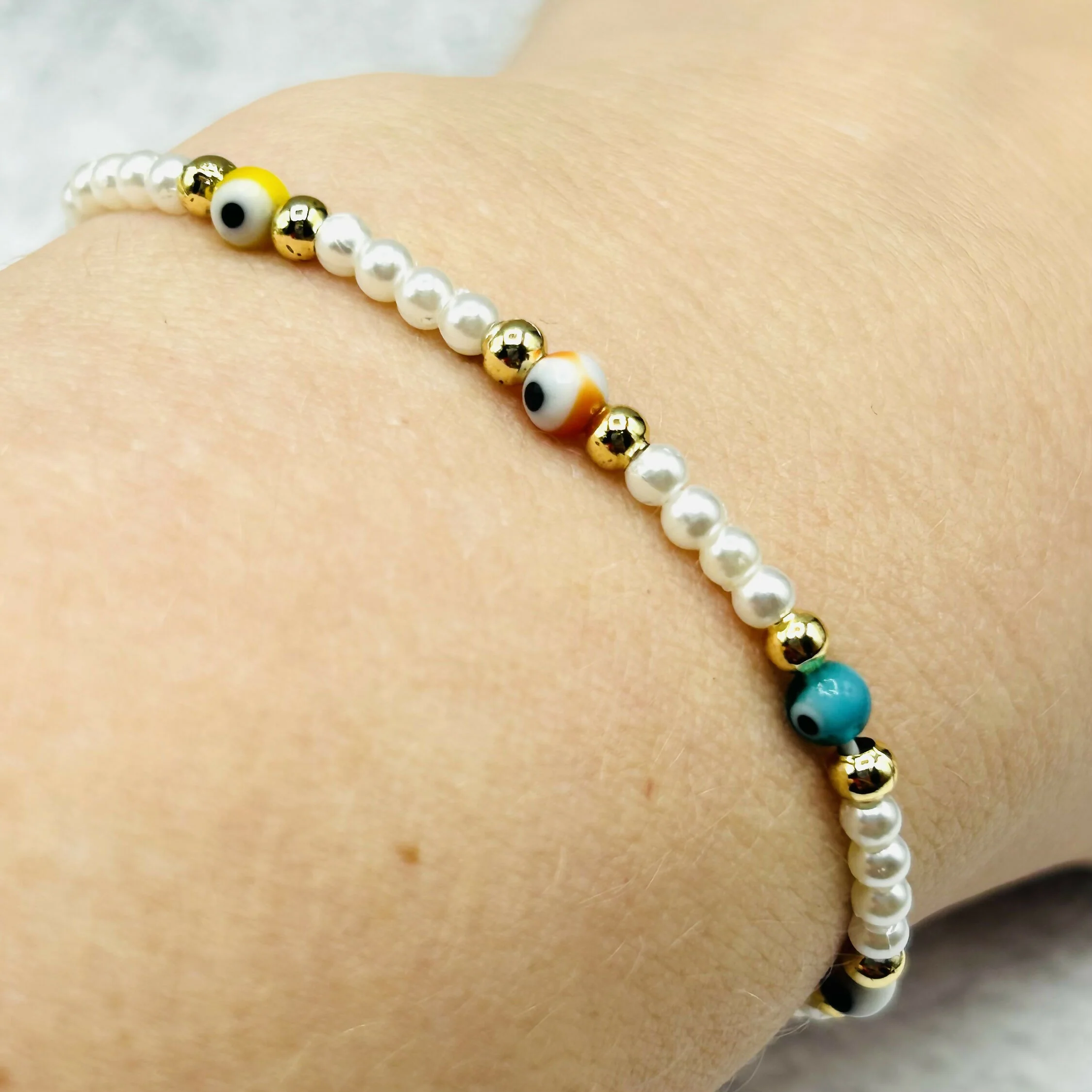 Hand-Strung Pearl Bead Adjustable Bracelet - Traditional Evil Eye Charms - Image 3