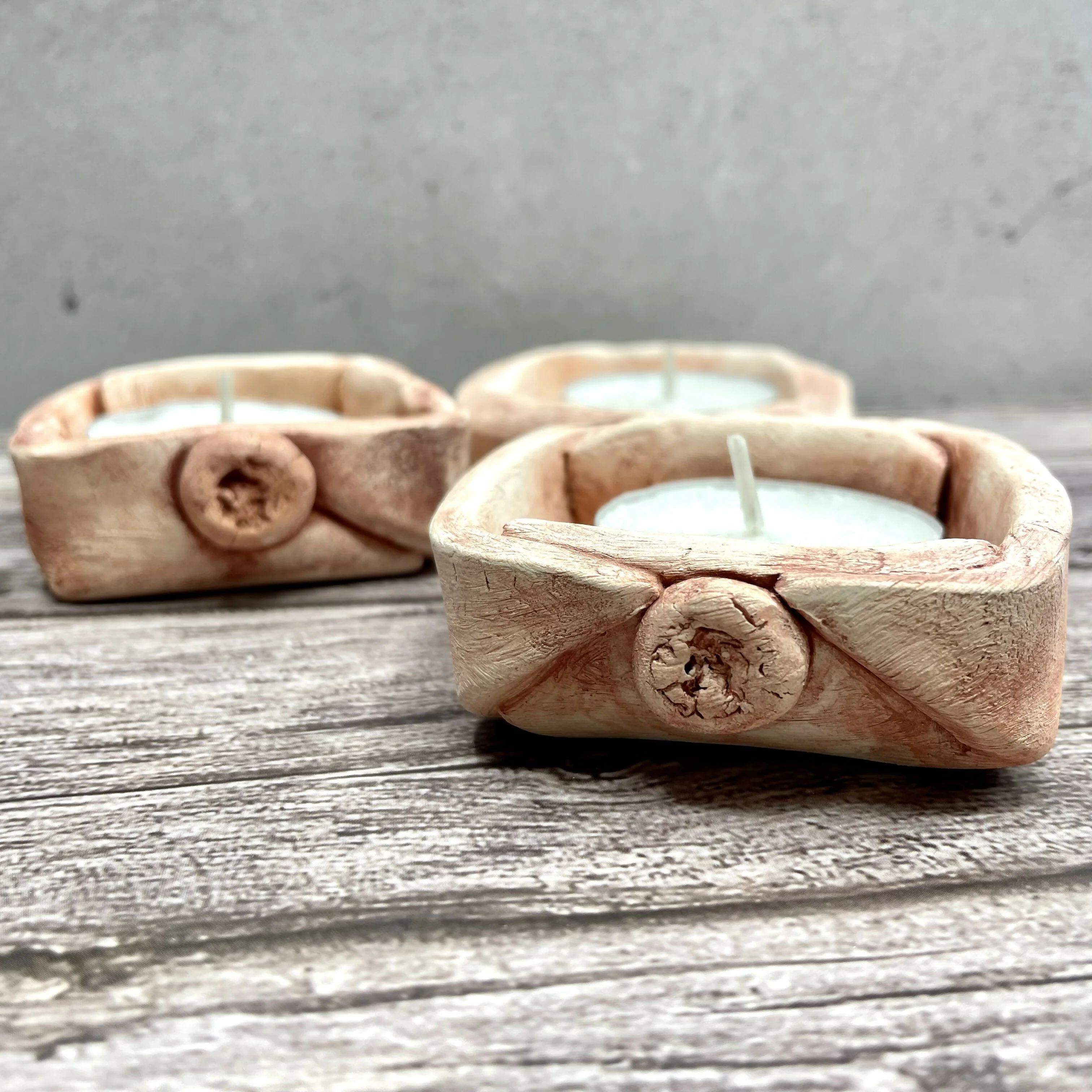 Handcrafted Square Tealight Holder – Rustic Pink Clay Finish