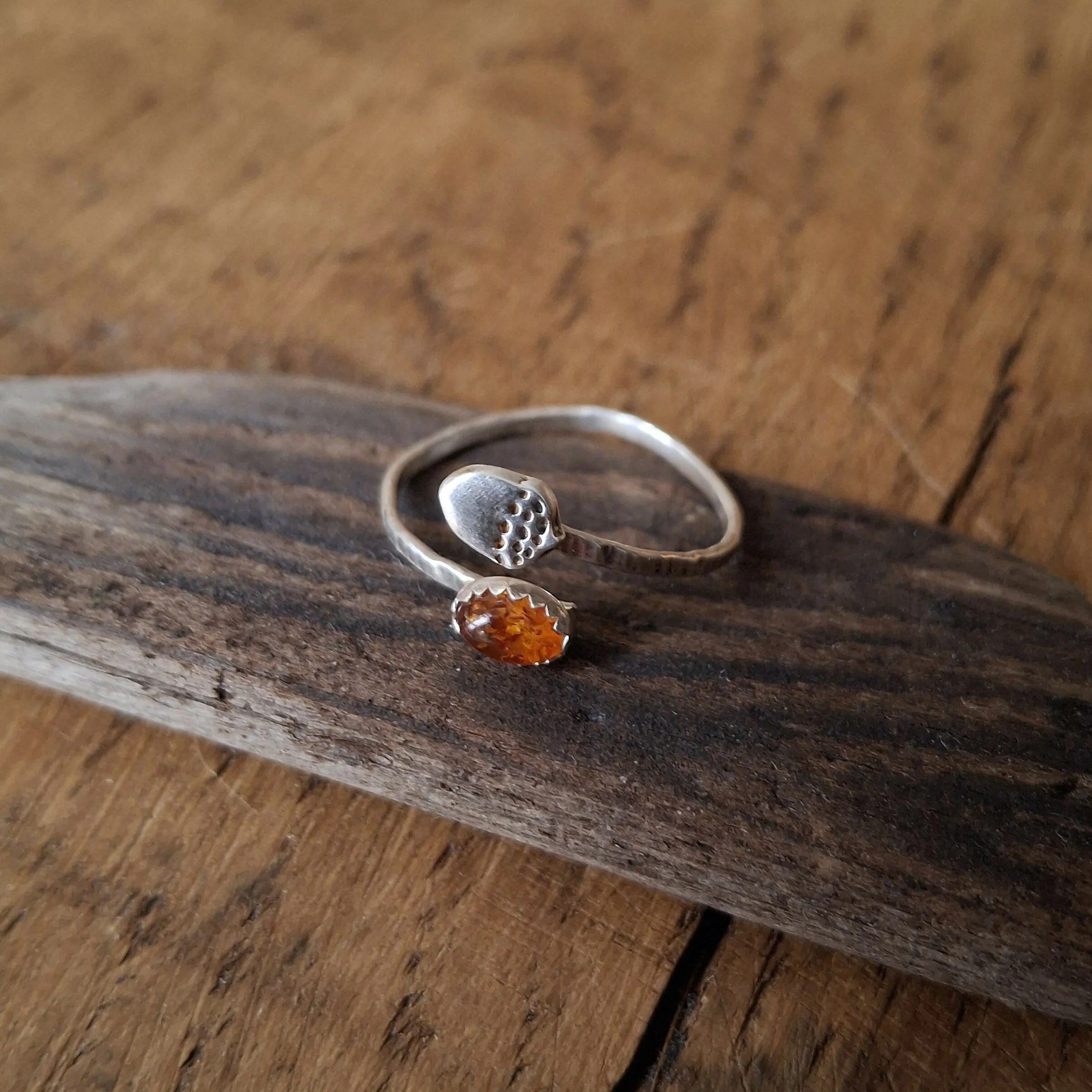 Handmade Adjustable Silver Acorn Ring With Amber, Size R - Image 2