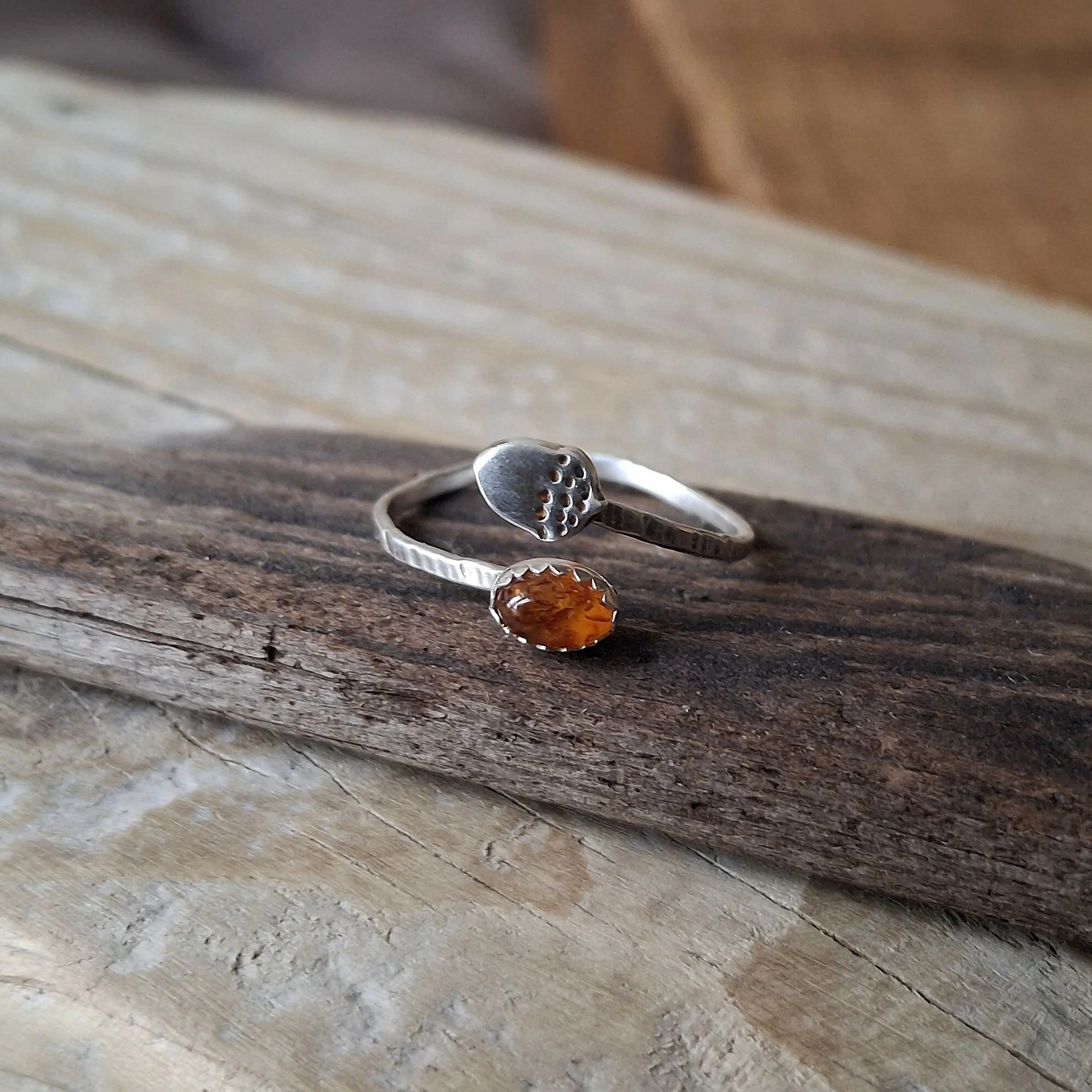 Handmade Adjustable Silver Acorn Ring With Amber, Size R - Image 3