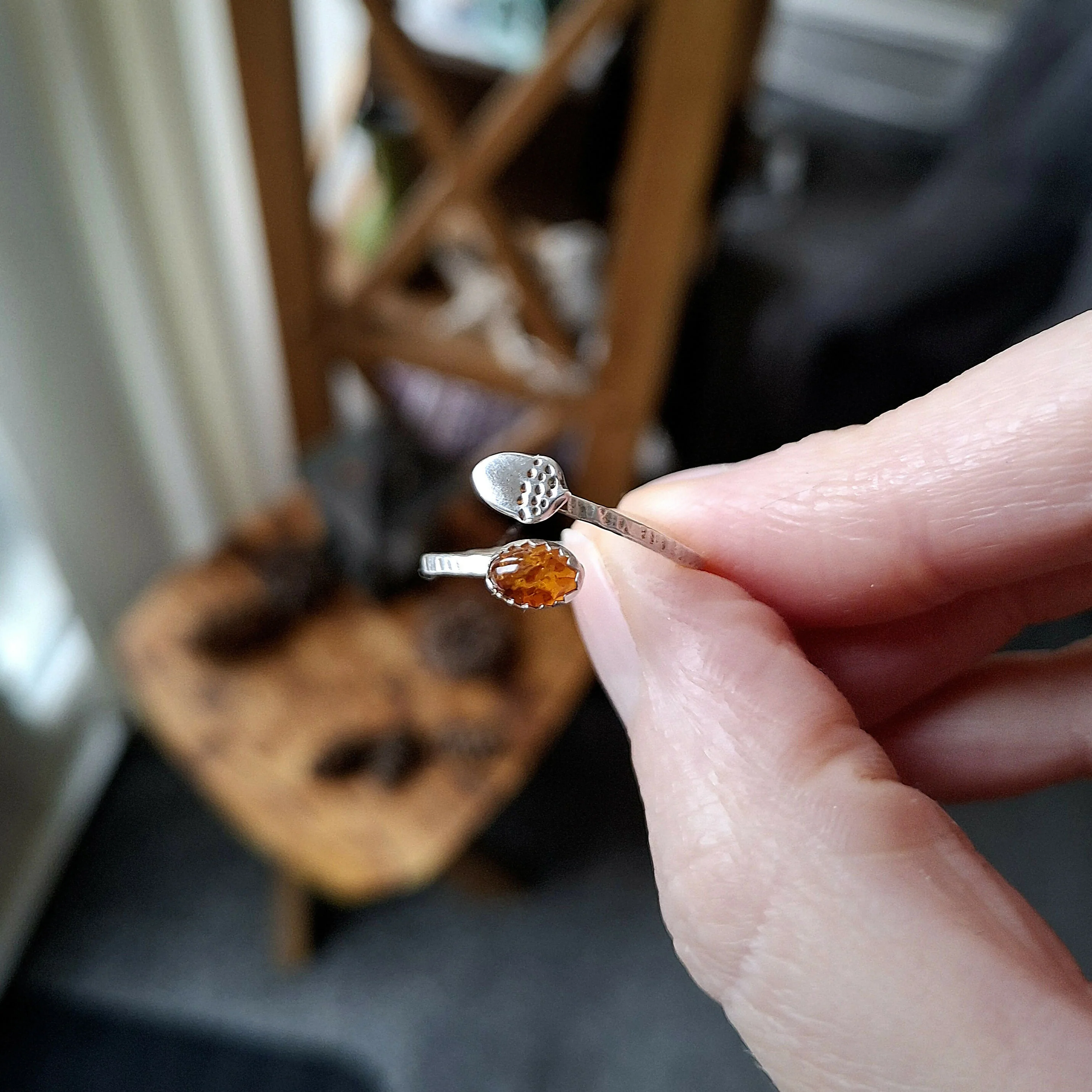 Handmade Adjustable Silver Acorn Ring With Amber, Size R - Image 4