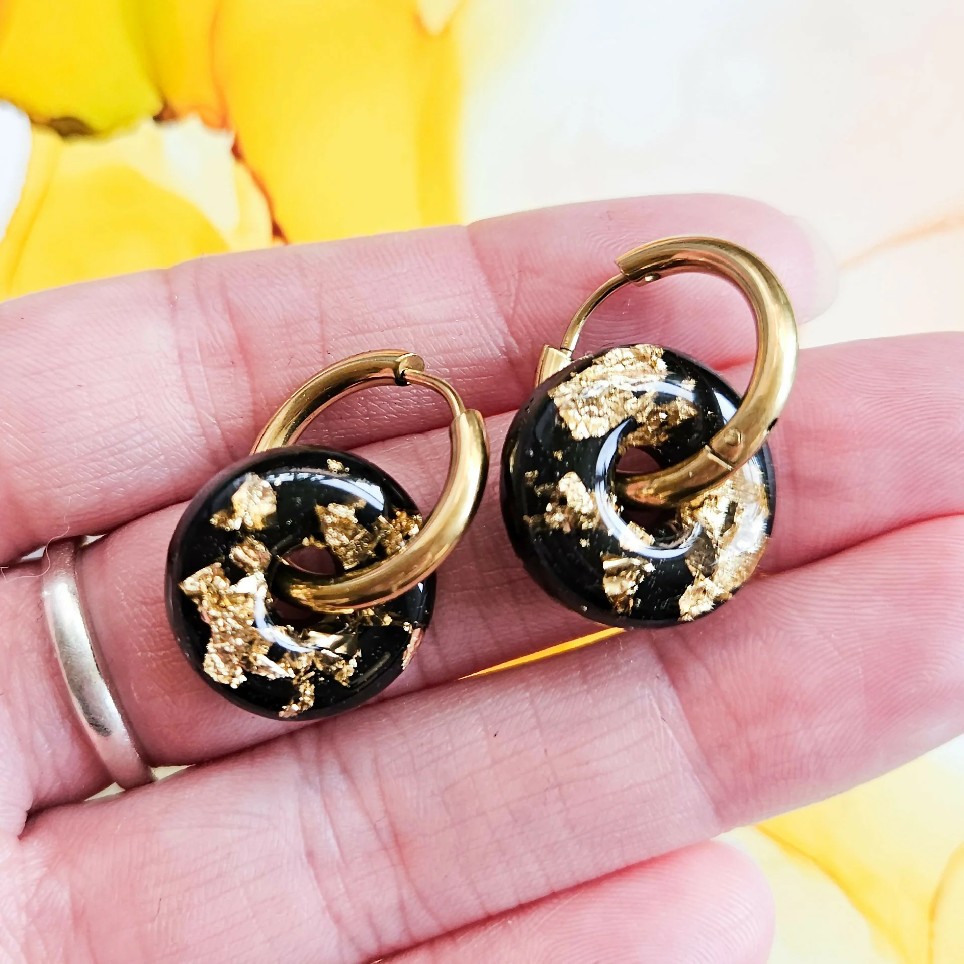 Handmade Black And Encased Golden Leaf Domed Circle Charm On Chunky Hoops - Image 2